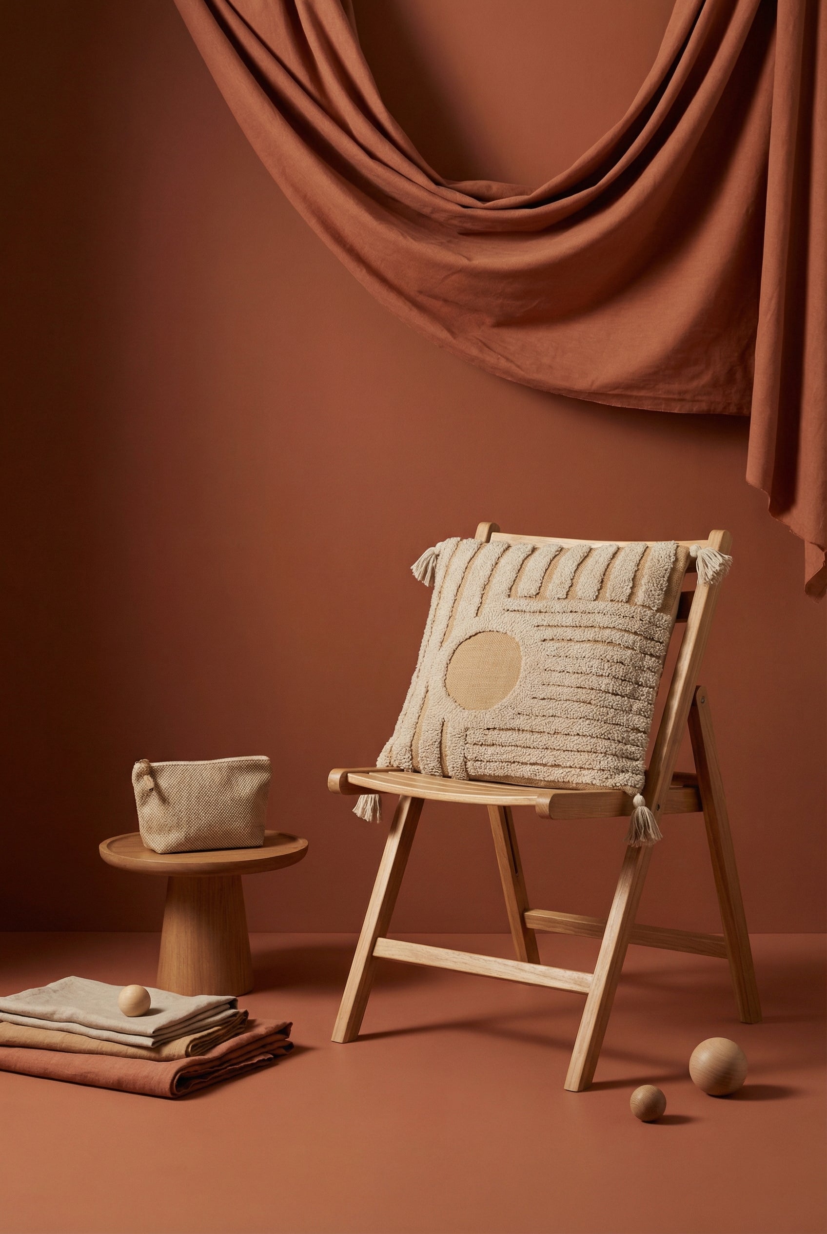 Beige Squared Textured Cotton Cushion Cover With Geometric Tufted Design