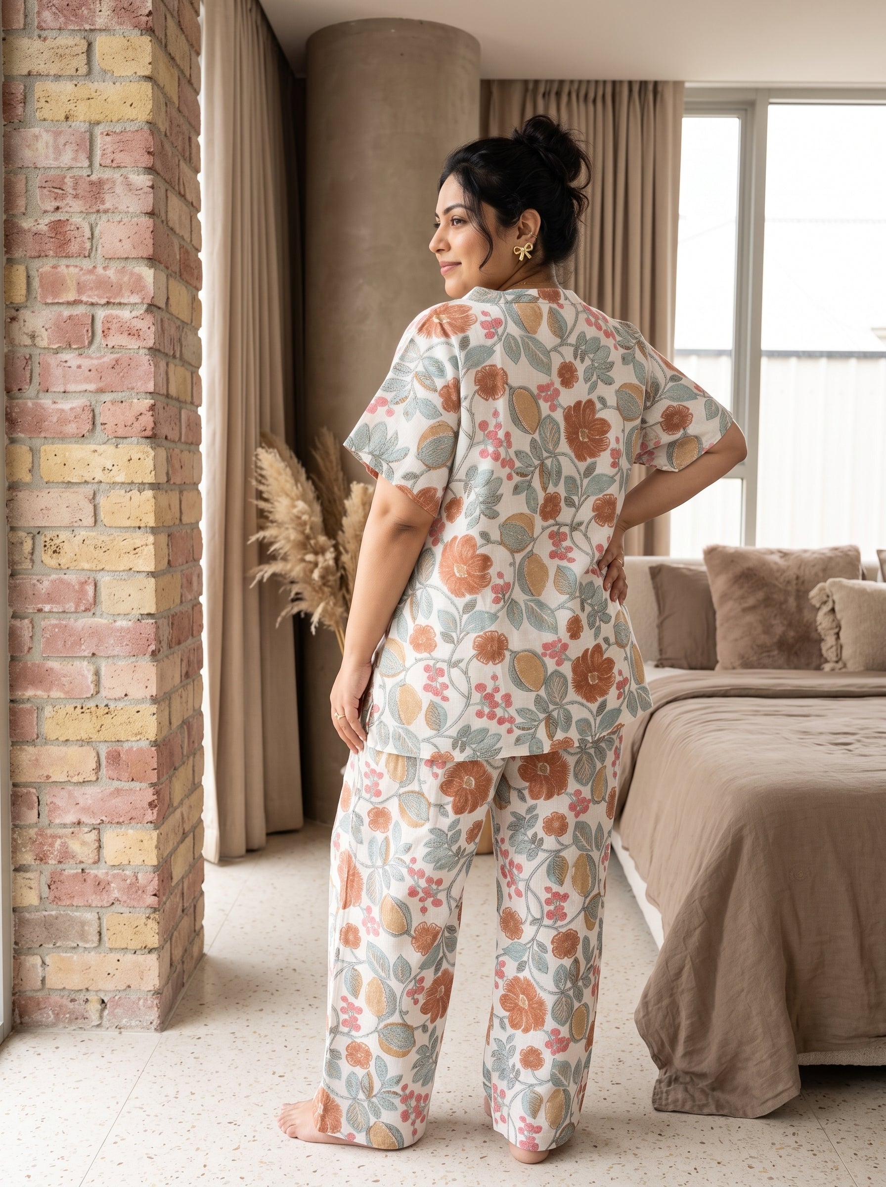 White Floral Notch Neck Cotton Plus Size Night Suit For Women