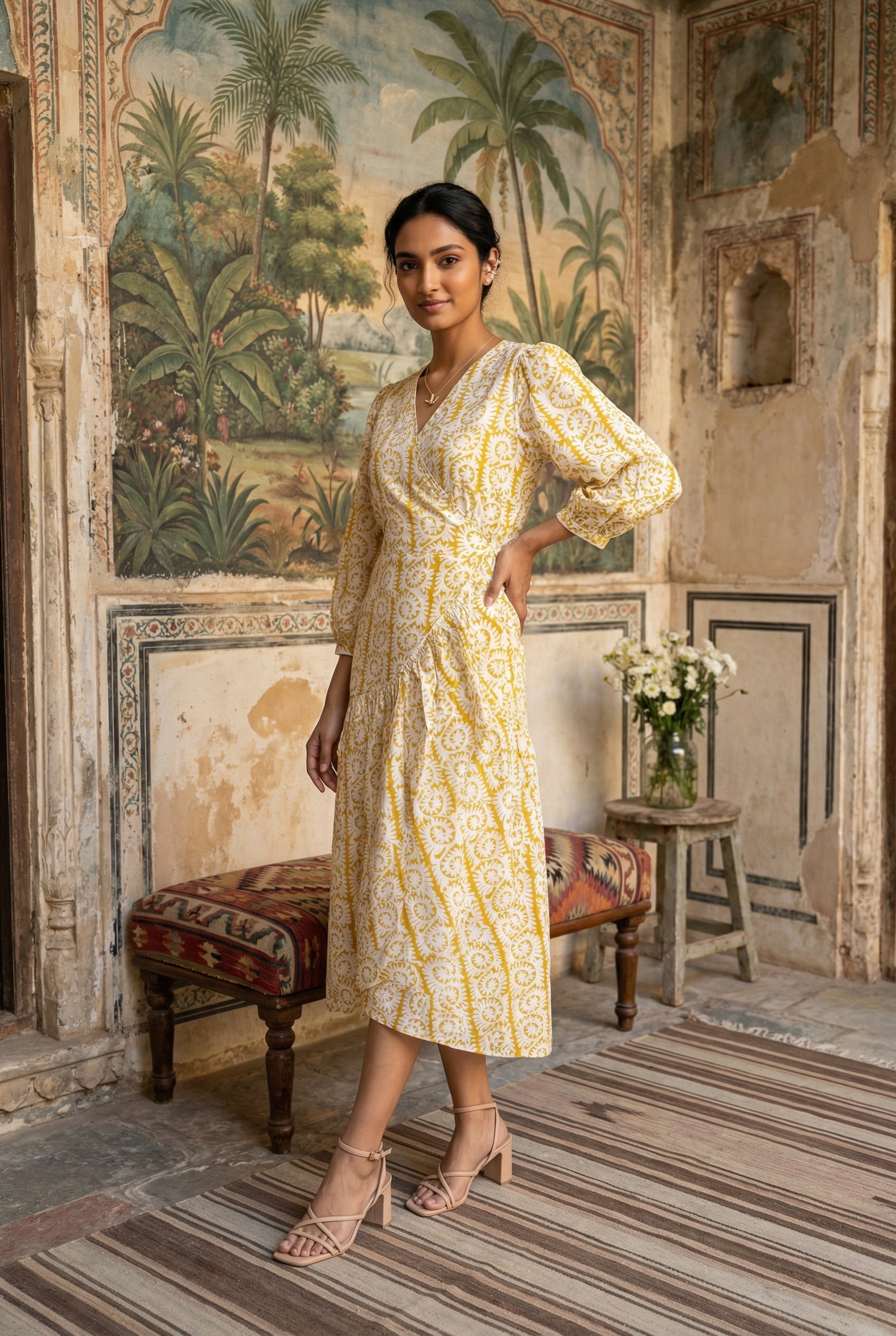 Yellow Motifs V-Neck Pure Cotton Dress For Women