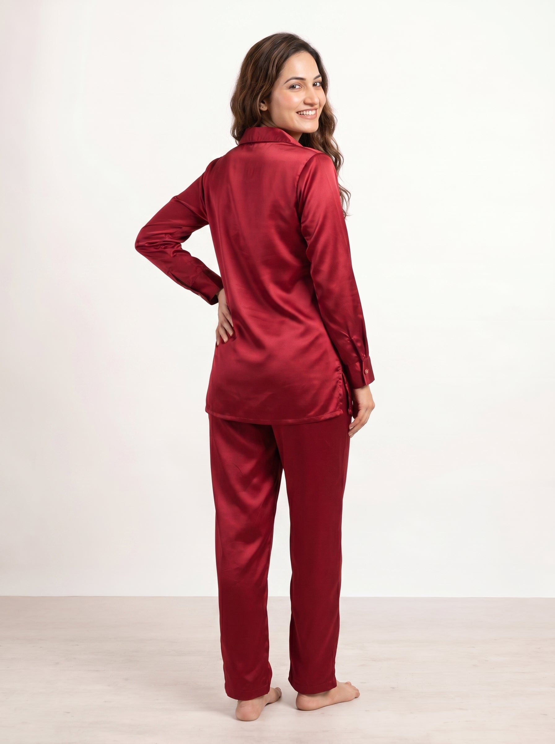 Marron Lapel Collar Solid Print Silk Night Suit For Women