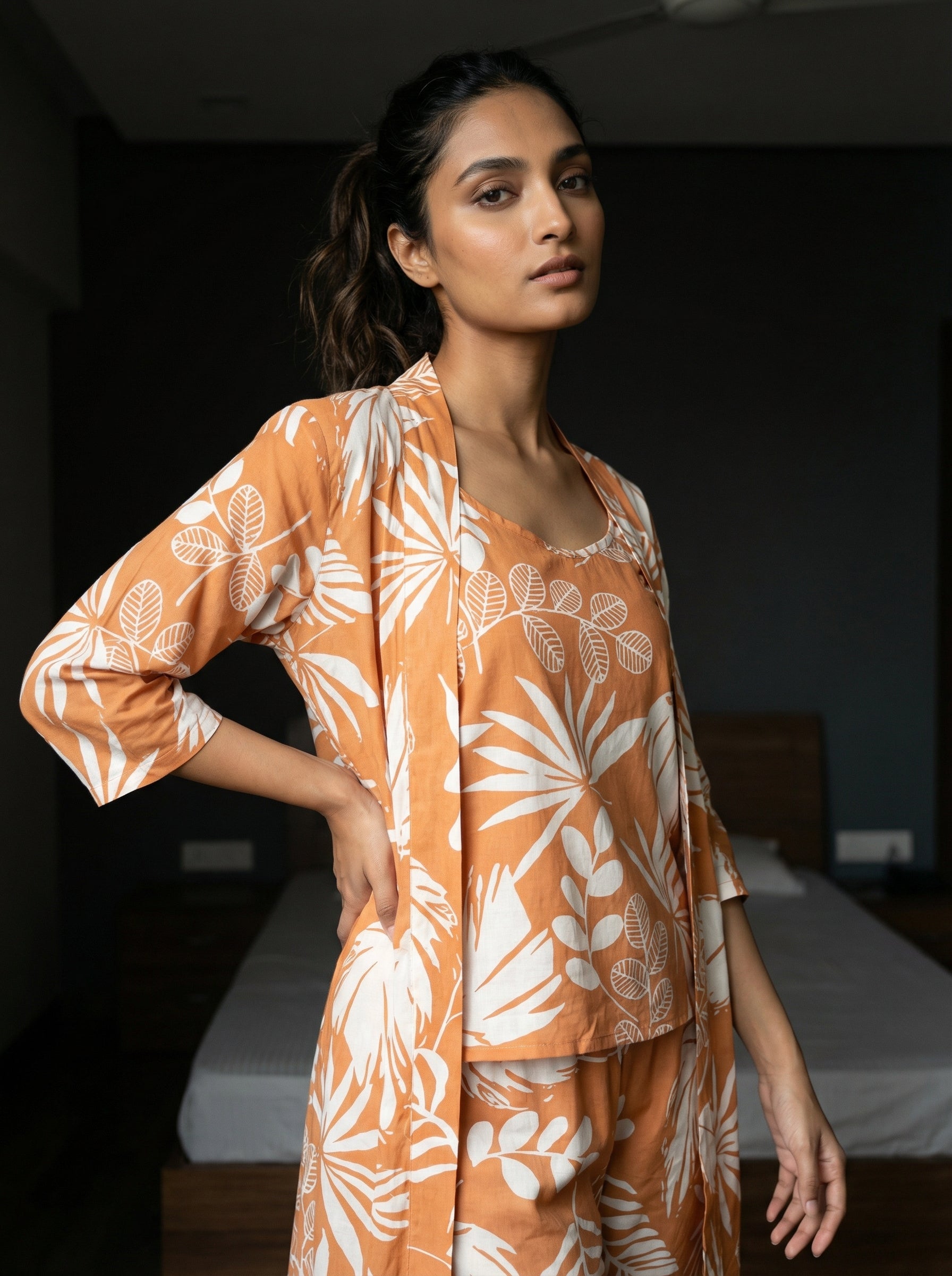 Orange Leaf Print Round Neck Pure Cotton Three Piece Night Suit Set for Women