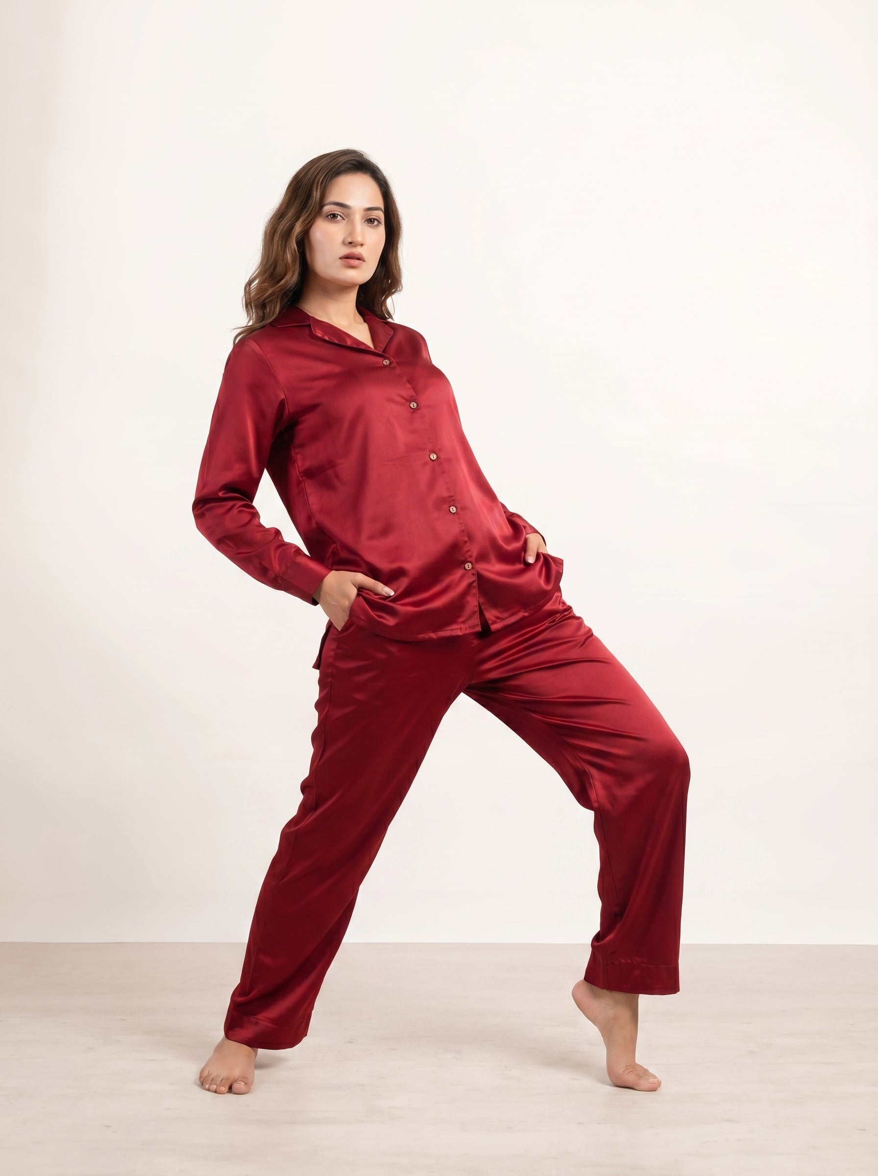 Marron Lapel Collar Solid Print Silk Night Suit For Women