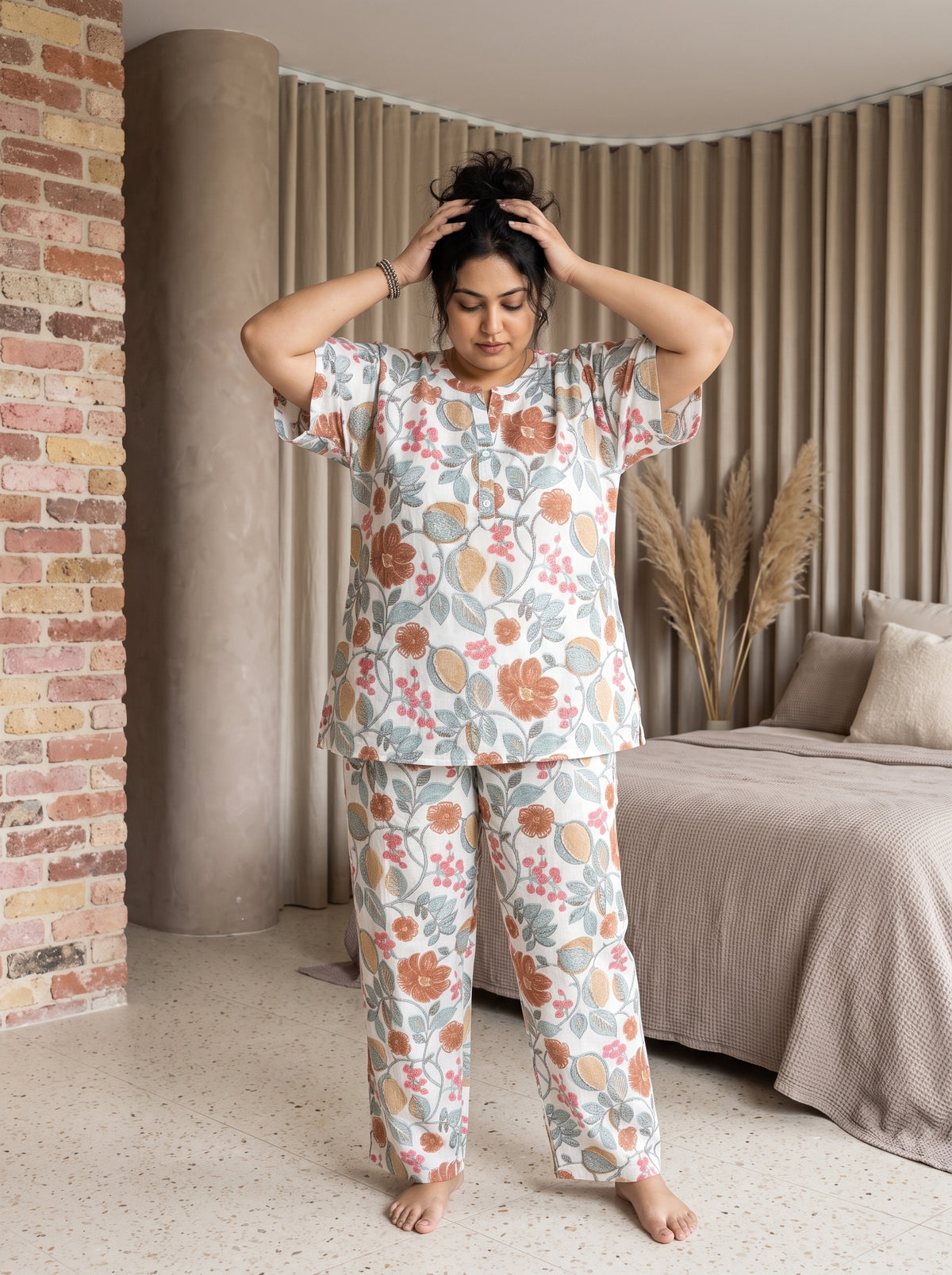 White Floral Notch Neck Cotton Plus Size Night Suit For Women