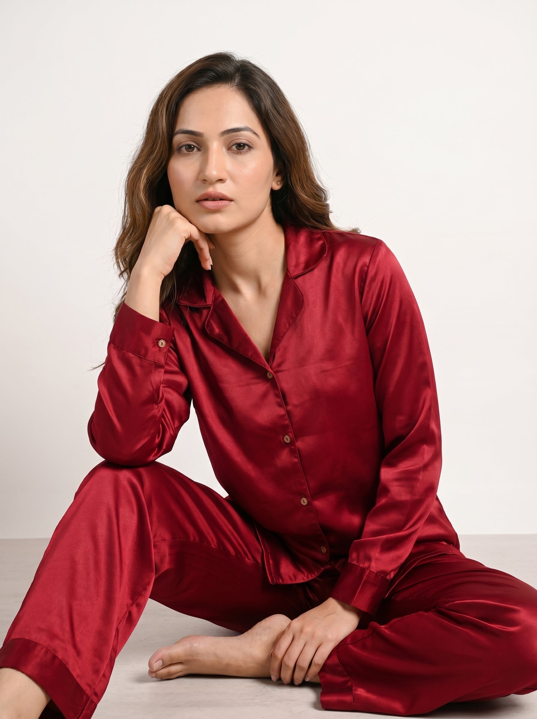 Marron Lapel Collar Solid Print Silk Night Suit For Women