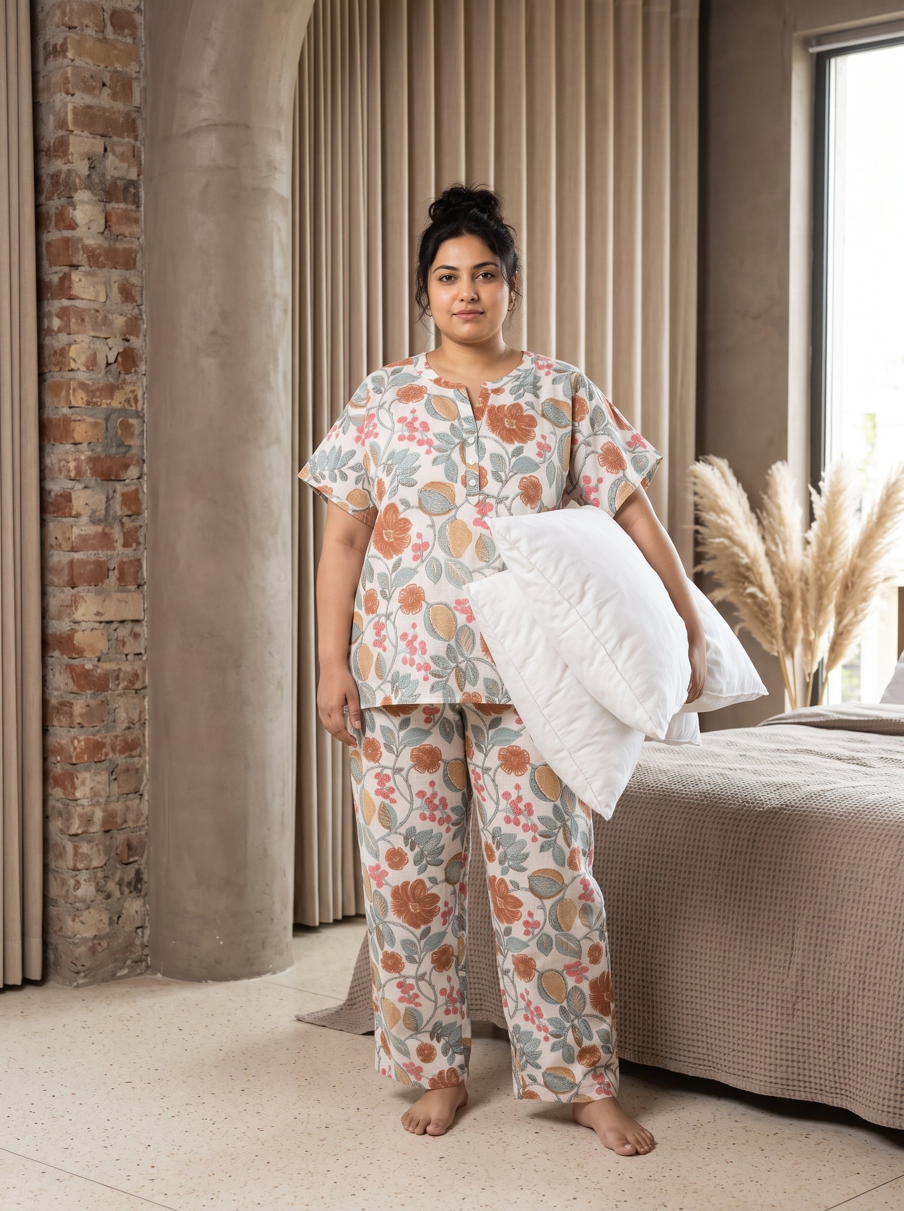 White Floral Notch Neck Cotton Plus Size Night Suit For Women
