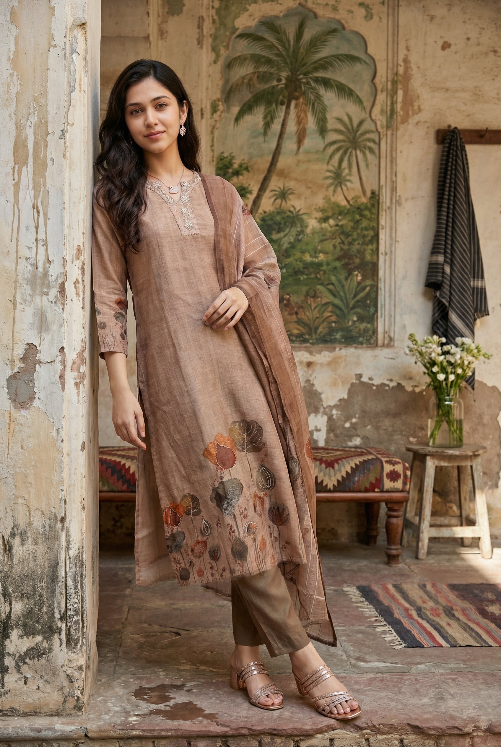 Brown Floral Print Round Neck Kurta Set With Dupatta For Women