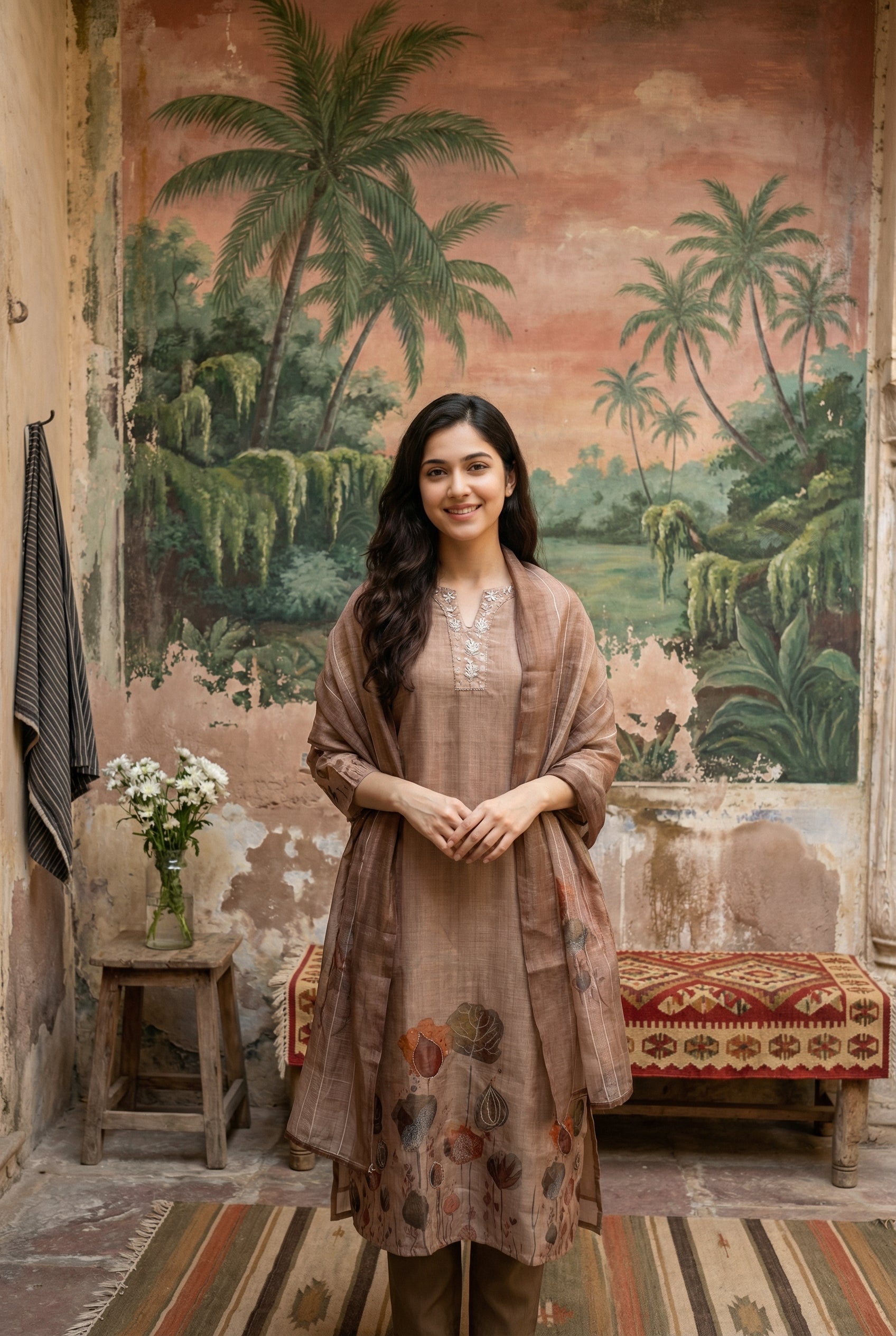 Brown Floral Print Round Neck Kurta Set With Dupatta For Women