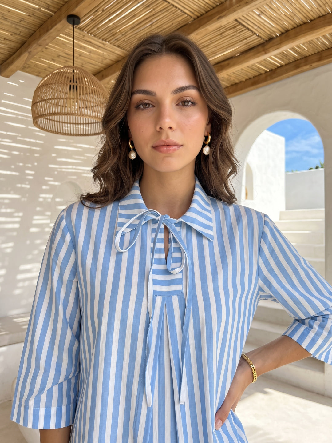 Blue Shirt Collar Pure Cotton Stripes Print Loungewear Set For Women