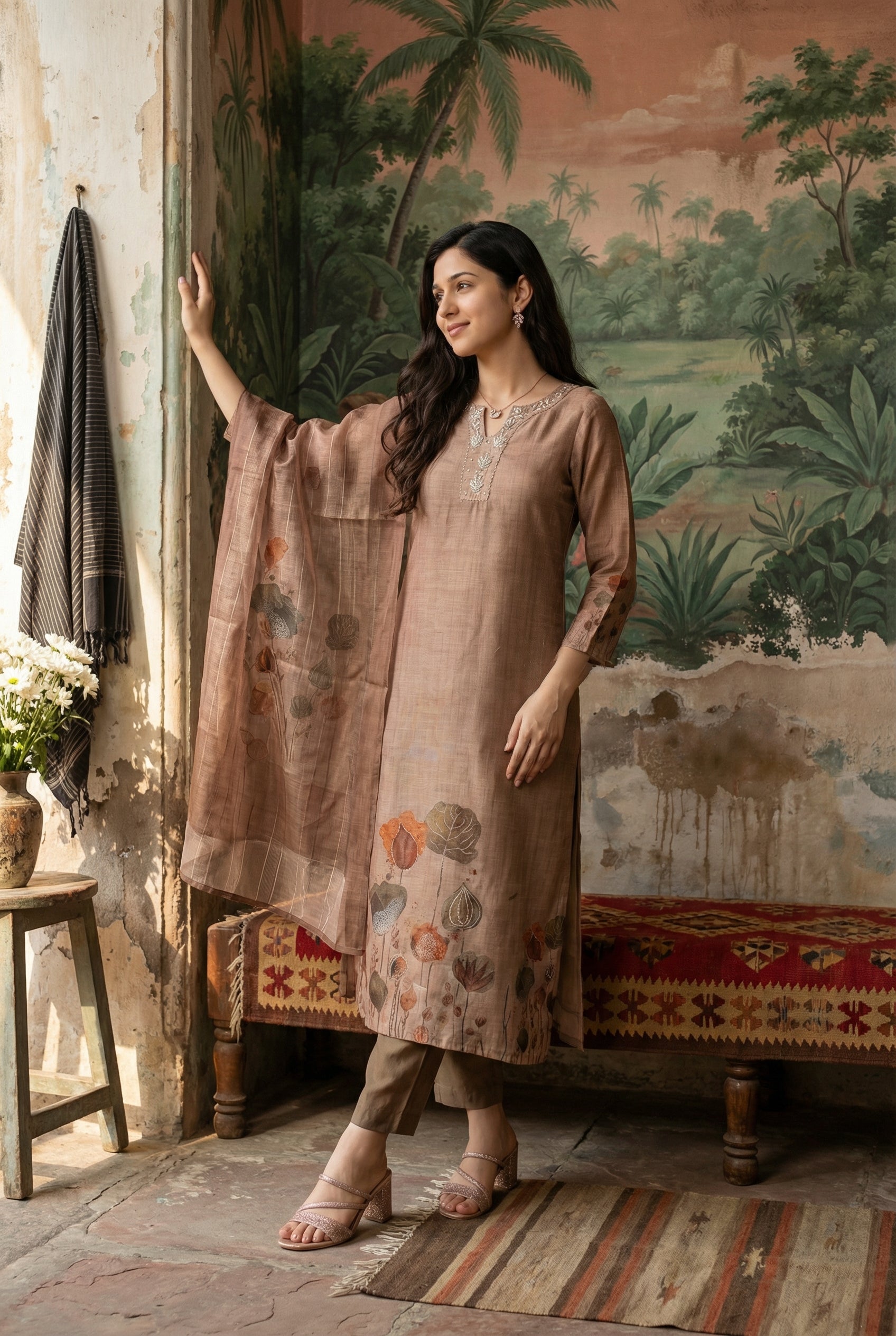 Brown Floral Print Round Neck Kurta Set With Dupatta For Women