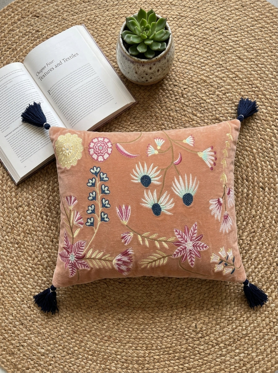 Peach Velvet Rectangular Floral Embroidered Cushion Cover with Tassels