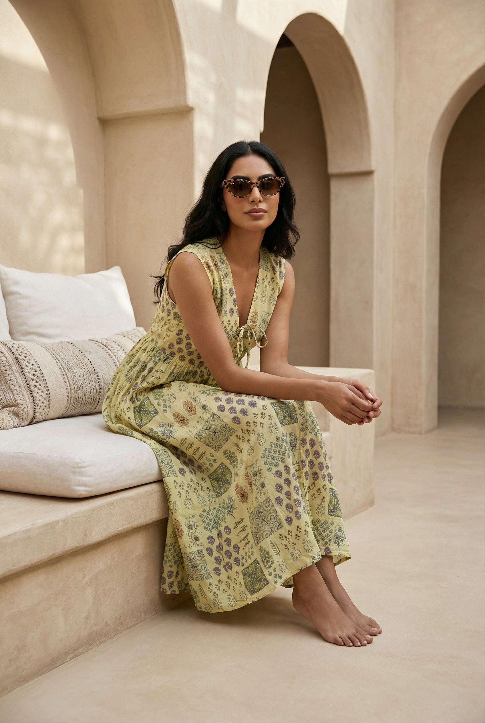 Yellow Ethnic Motifs Print V-Neck Silk Blend Flared Dress for Women