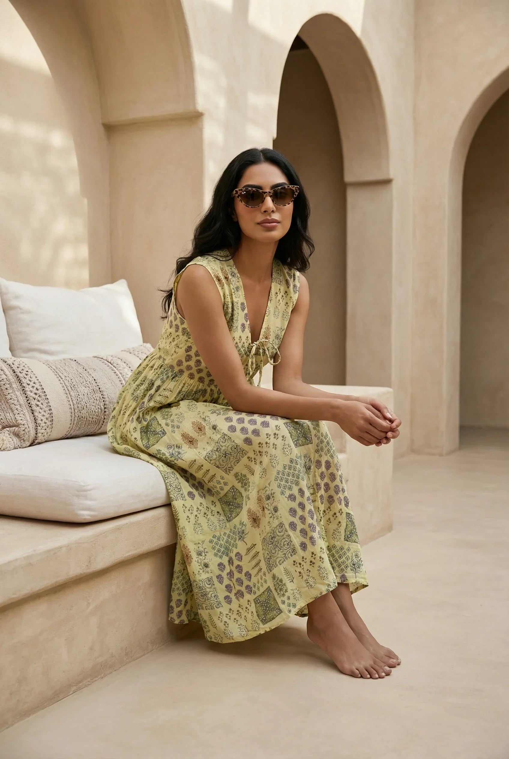 Yellow Ethnic Motifs Print V-Neck Silk Blend Flared Dress for Women - SanskrutiHomes