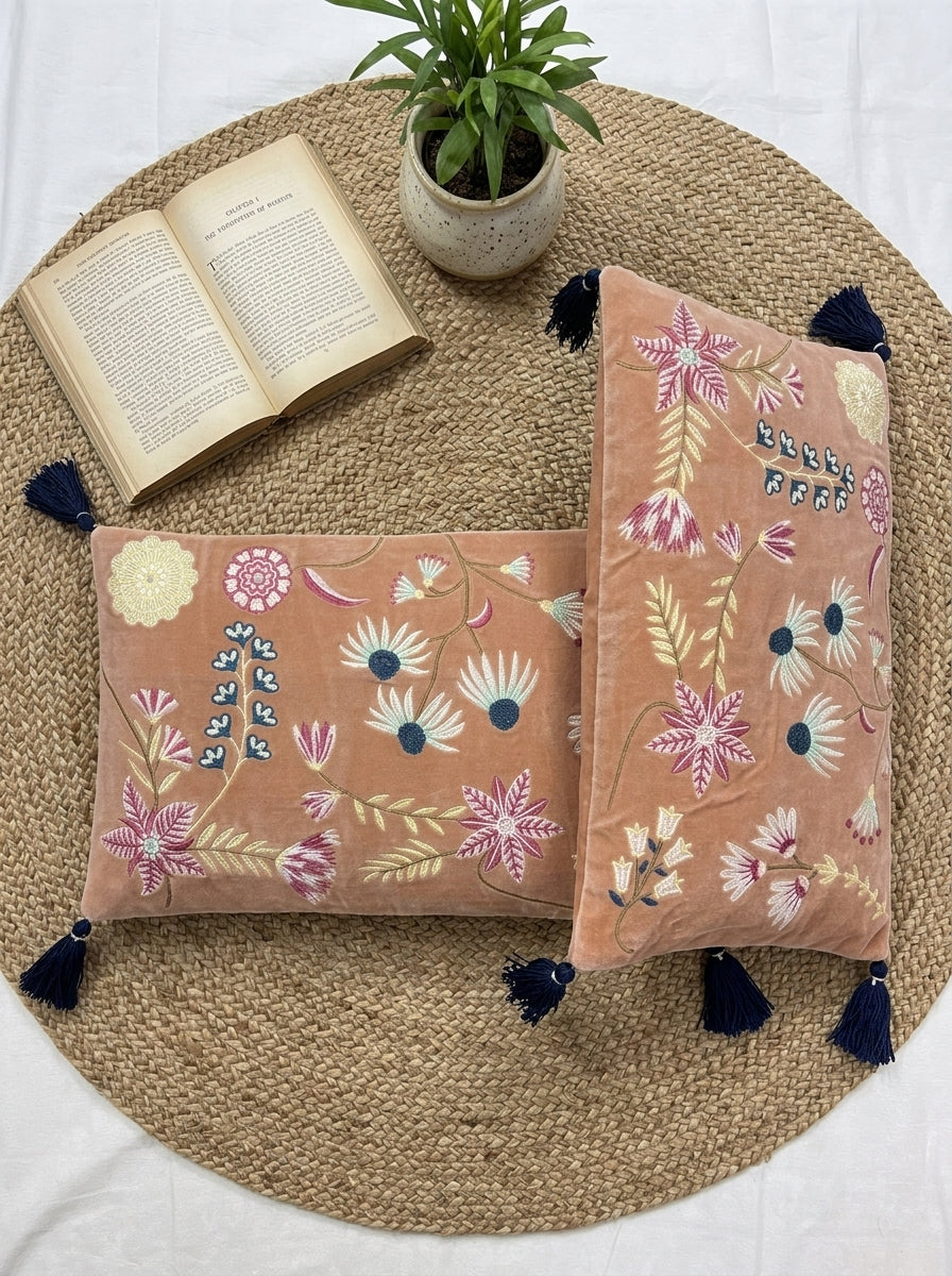 Peach Velvet Rectangular Floral Embroidered Cushion Cover with Tassels