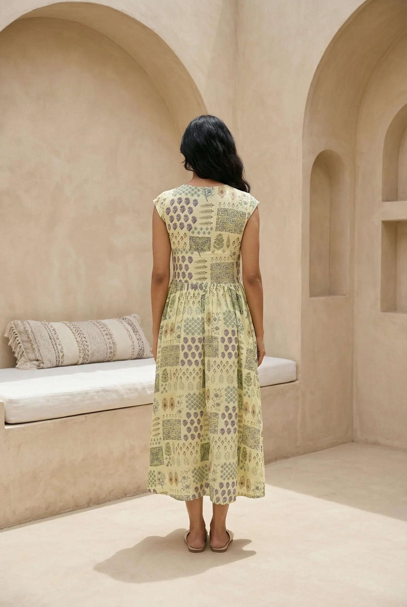 Yellow Ethnic Motifs Print V-Neck Silk Blend Flared Dress for Women - SanskrutiHomes