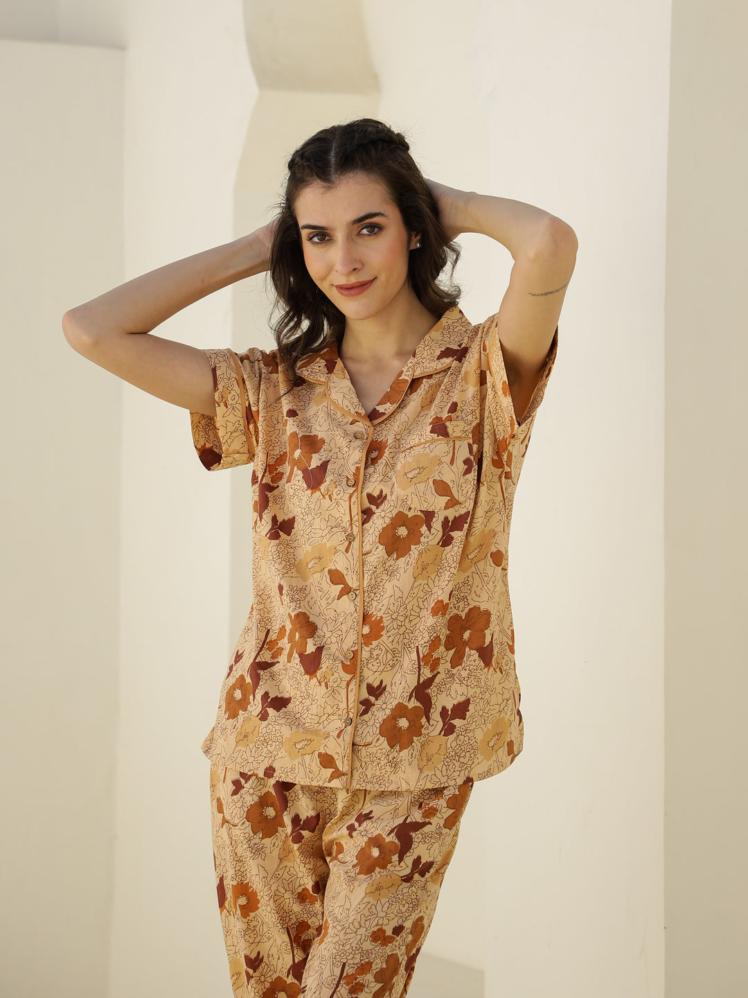 Brown Floral Printed Cotton Night Suit for Women - SanskrutiHomes
