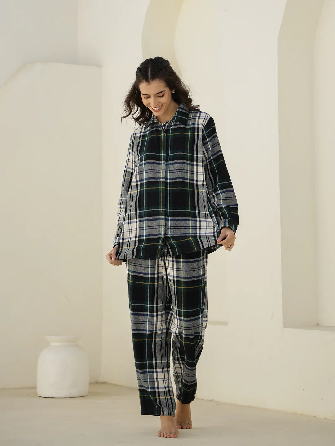 Check Printed Winter Cotton Night Suit - SanskrutiHomes