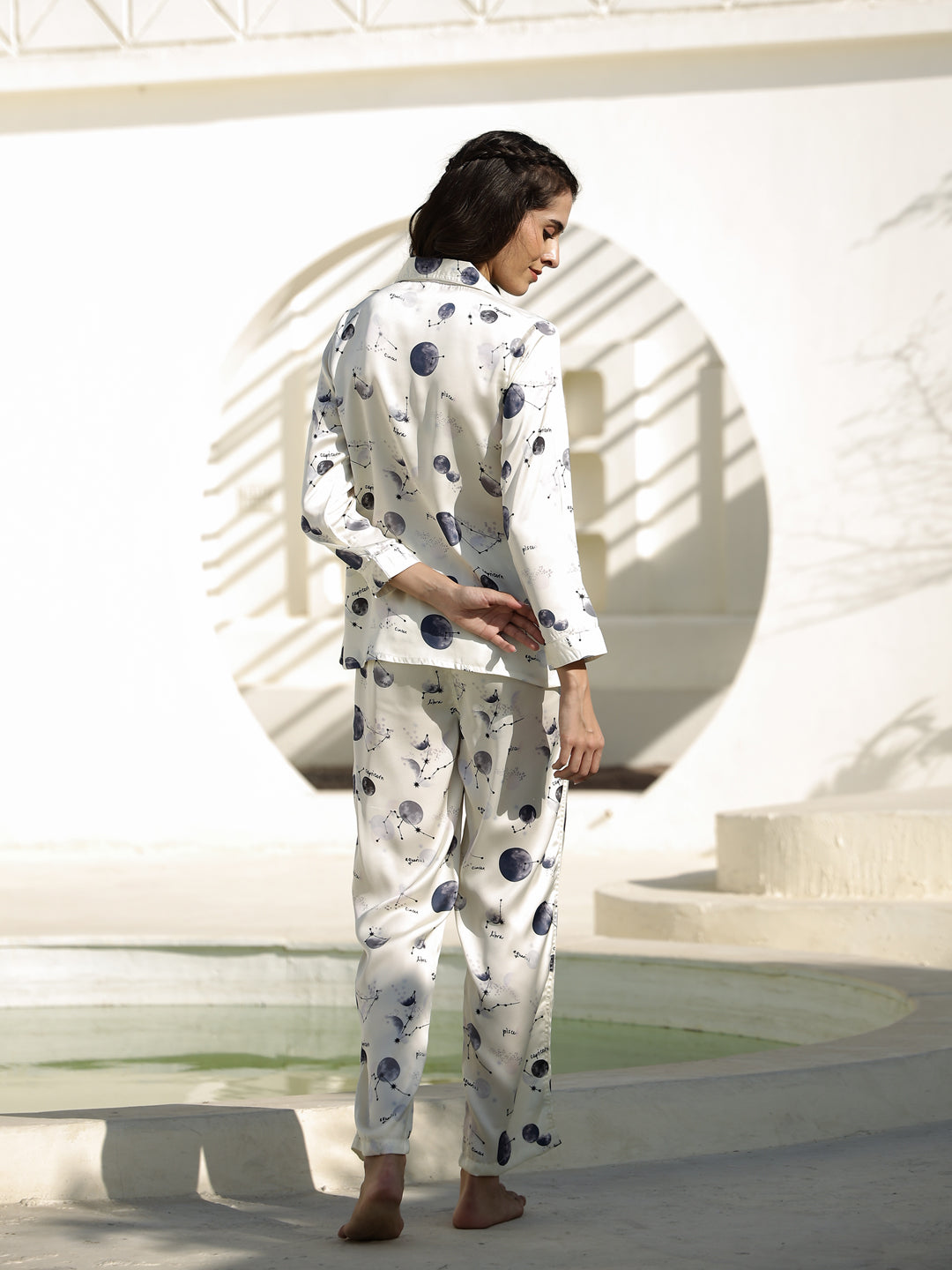 Shirt Collar Printed Satin Night Suit