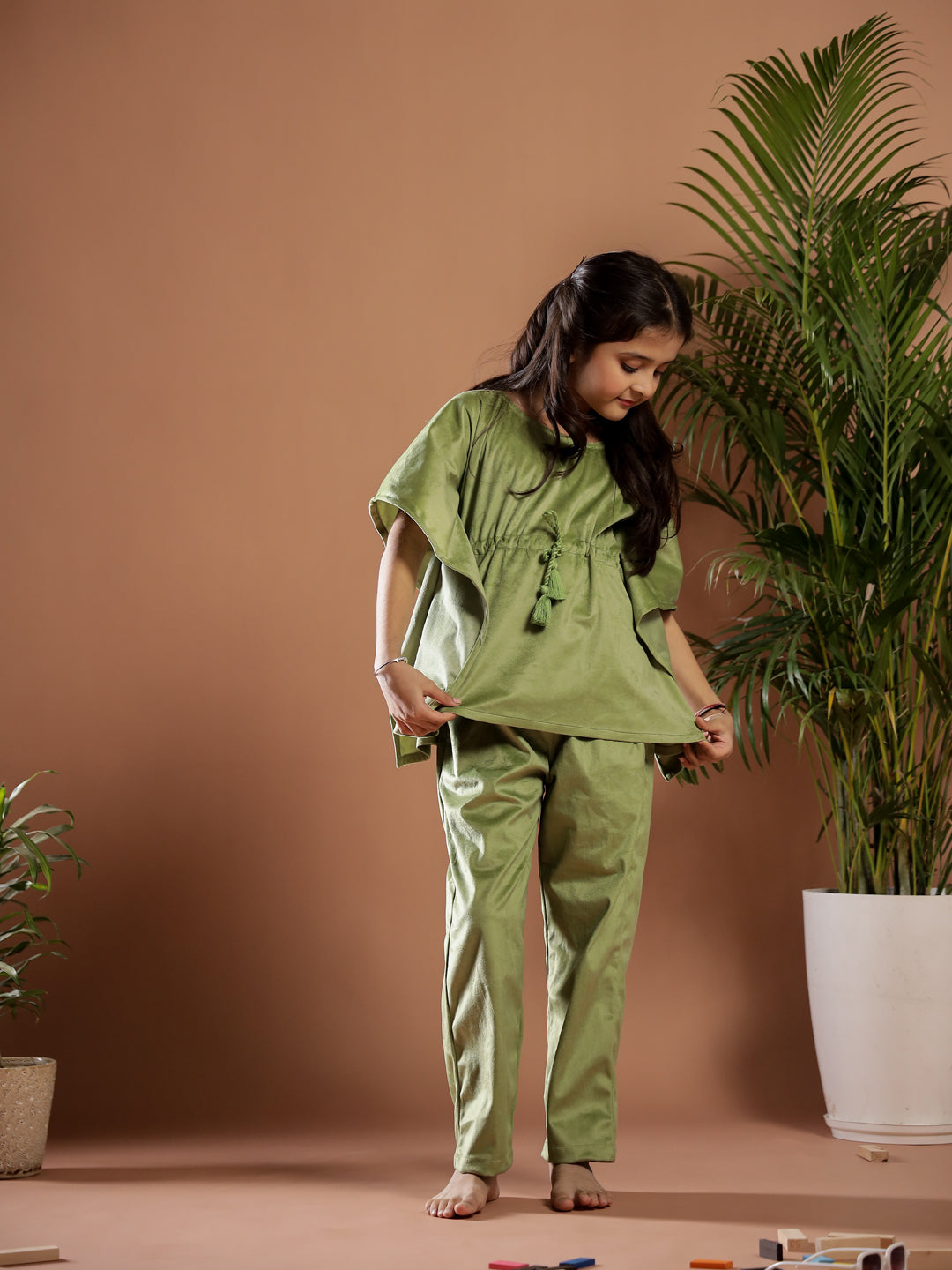 Green Kaftan Night Suit for Kids