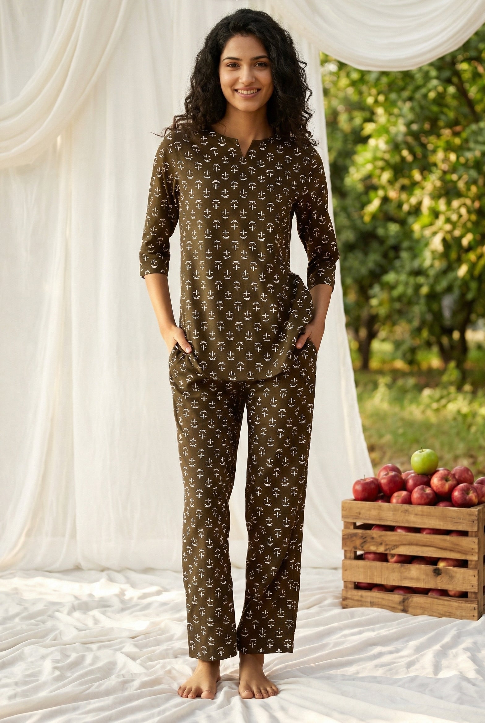 Olive Round Neck Motif Print Night Suit For Women