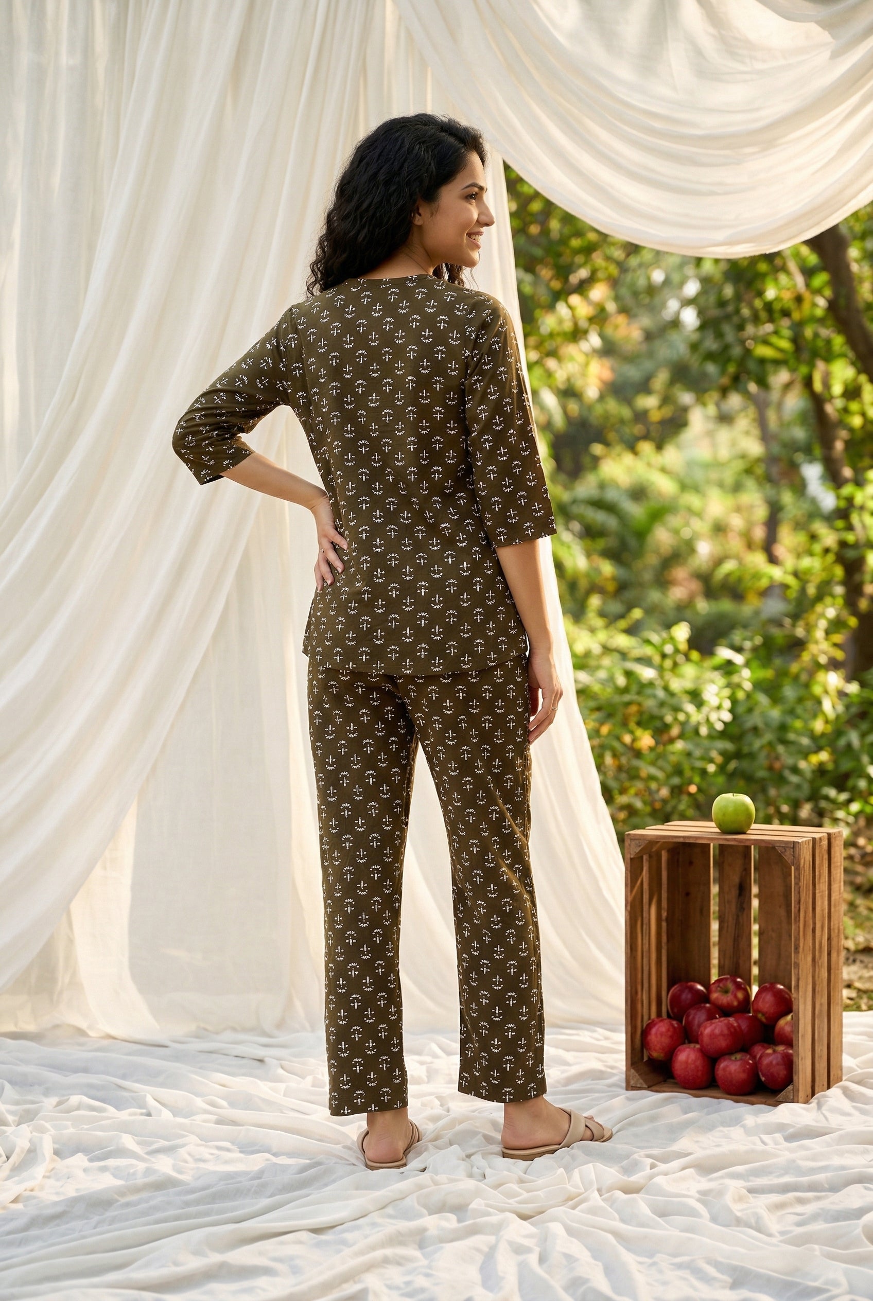 Olive Round Neck Motif Print Night Suit For Women