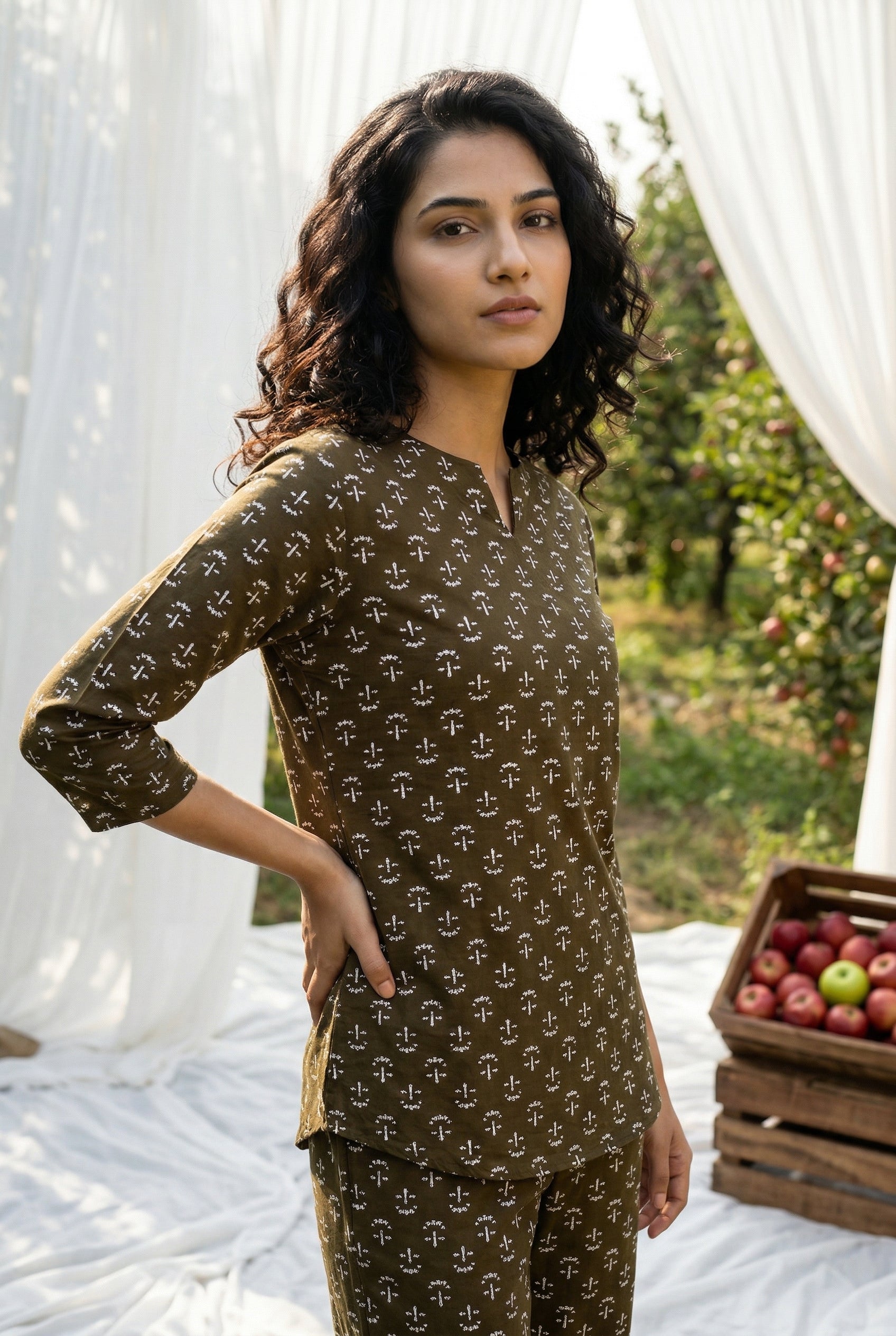 Olive Round Neck Motif Print Night Suit For Women