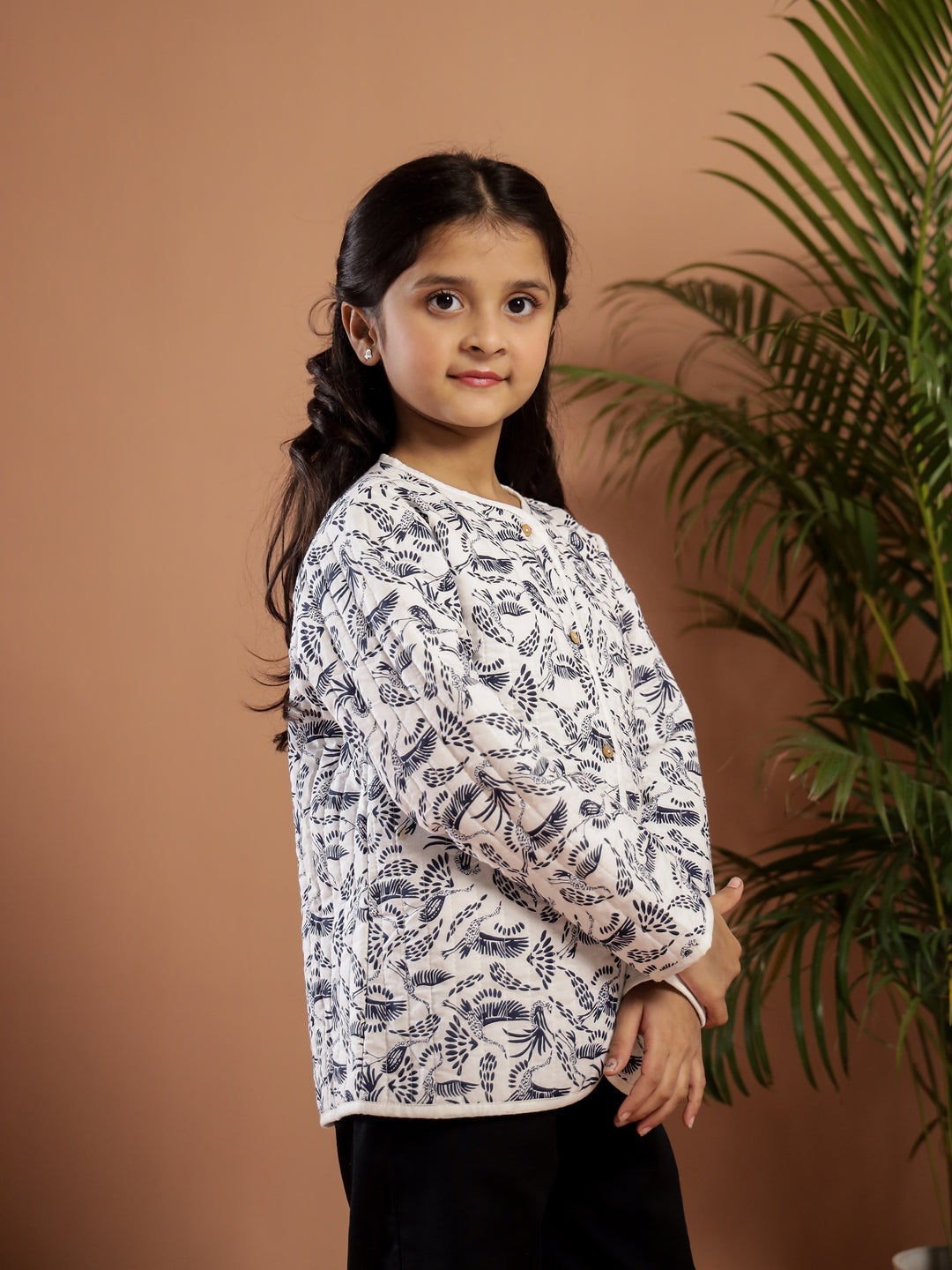 Bird Print White Color Cotton Jacket