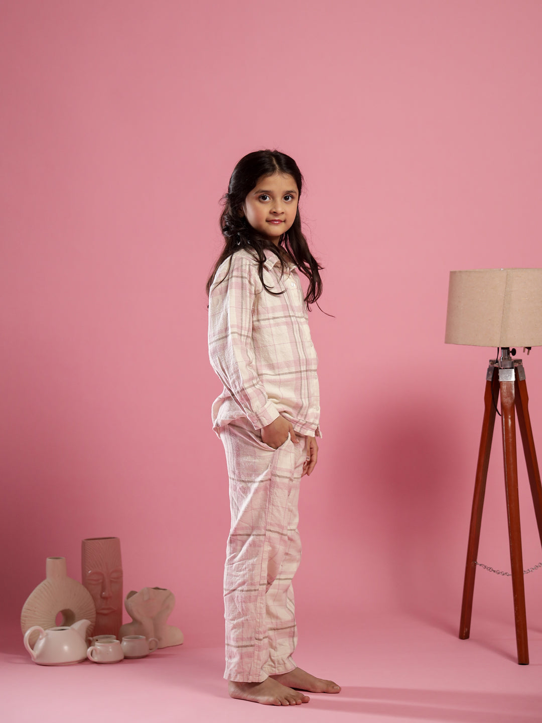 Pink Checked Printed Cotton Night Suit for Kids