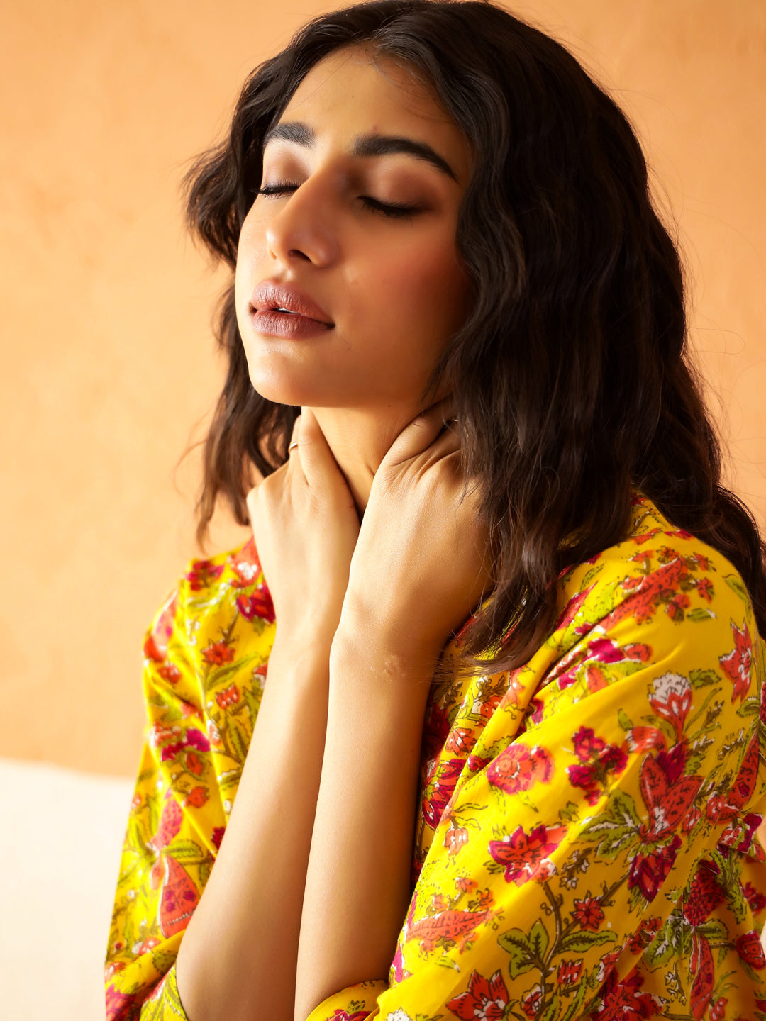 Yellow Round Neck Pure Cotton Printed Floral Night Suit For Women