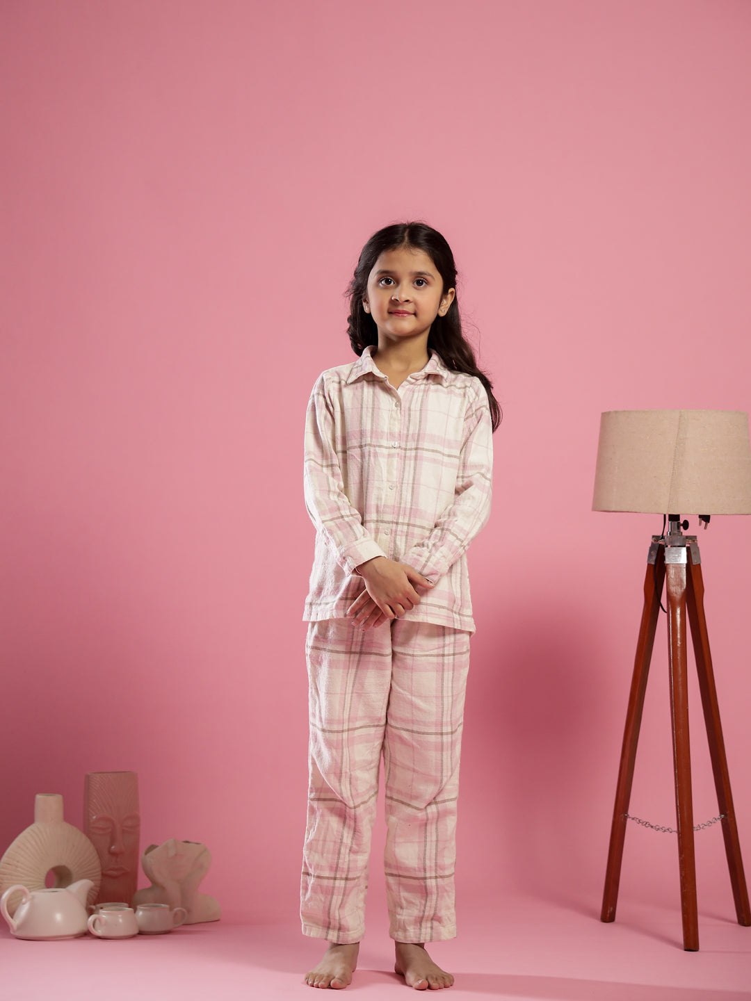 Pink Checked Printed Cotton Night Suit for Kids