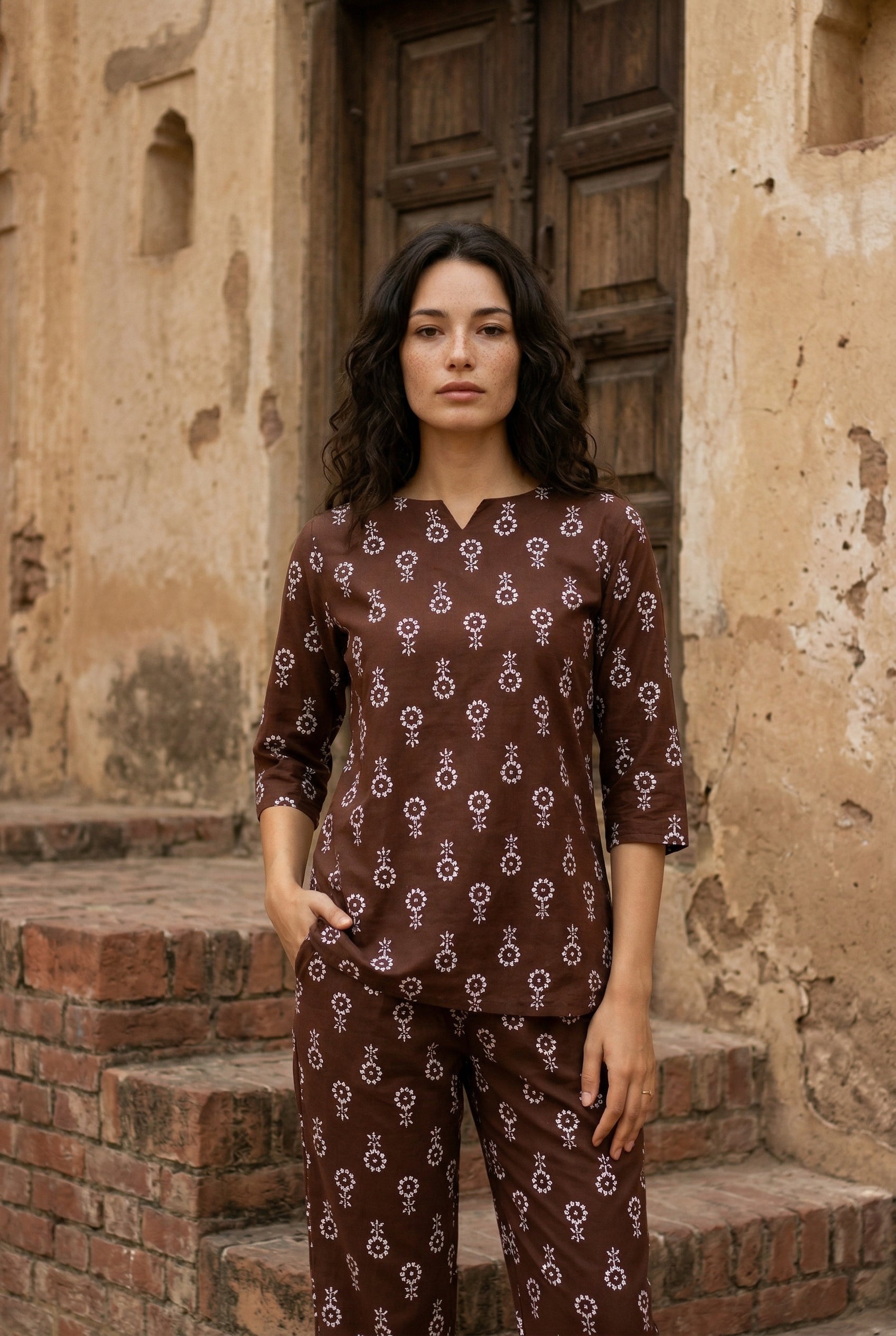 Magenta Motif Print Round Neck Night Suit For Women