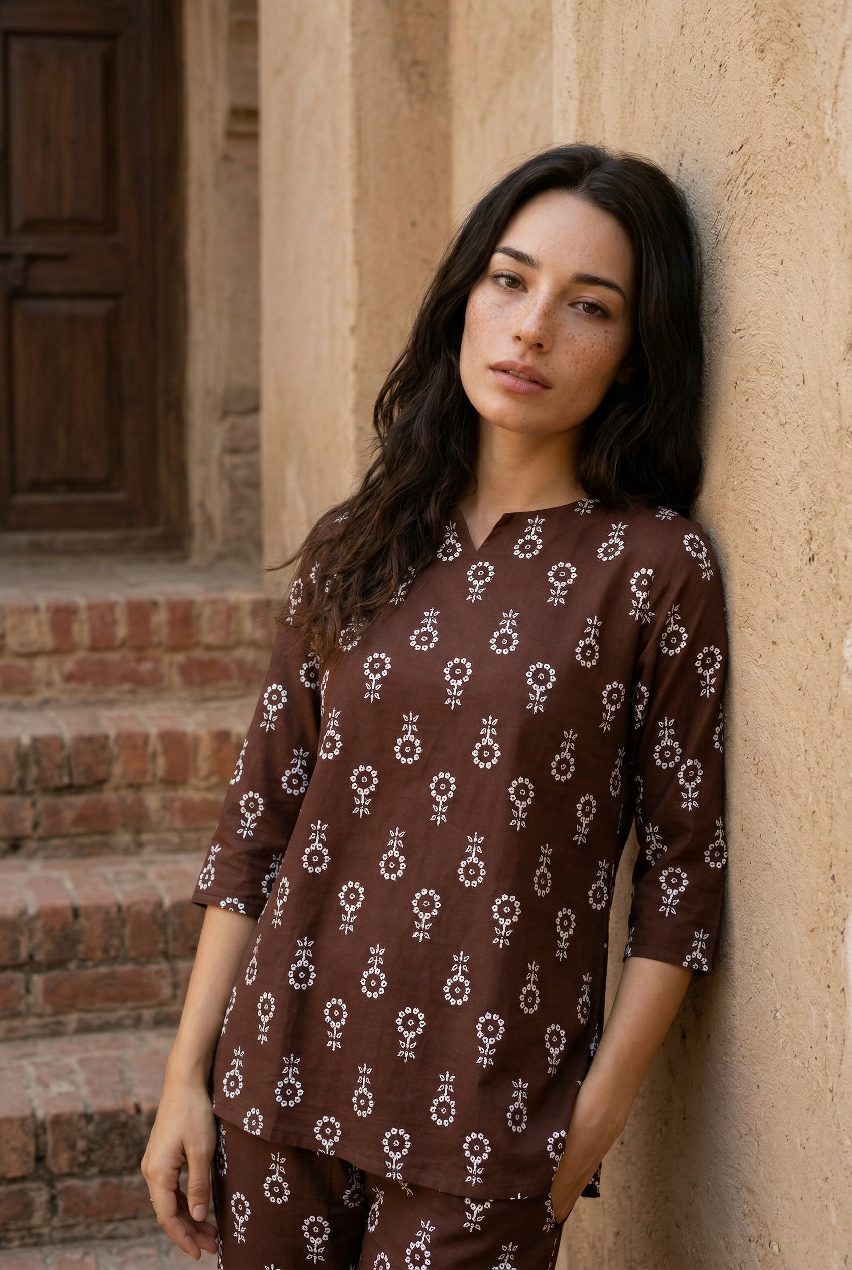 Magenta Motif Print Round Neck Night Suit For Women