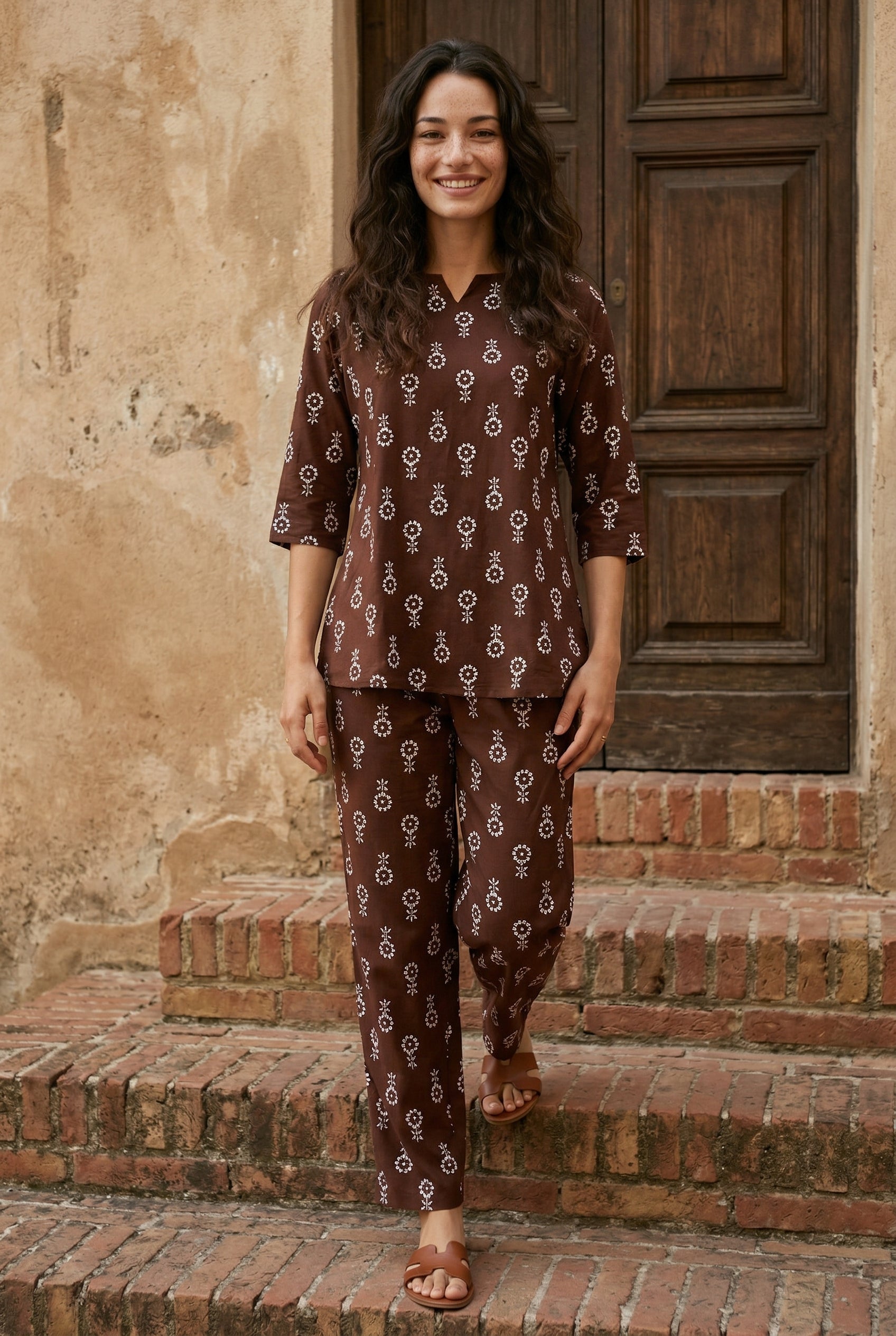 Magenta Motif Print Round Neck Night Suit For Women