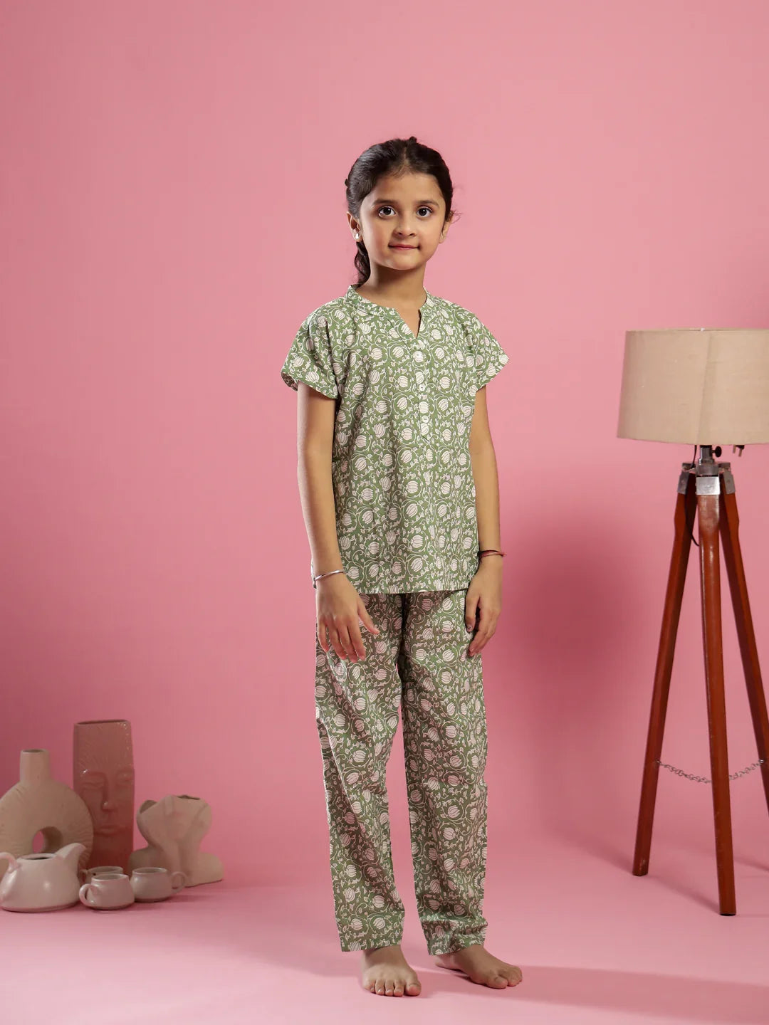 Green Floral Printed Round Neck Night Suit for Kids - SanskrutiHomes