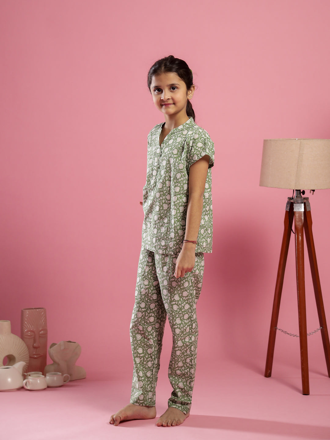 Green Floral Printed Round Neck Night Suit for Kids