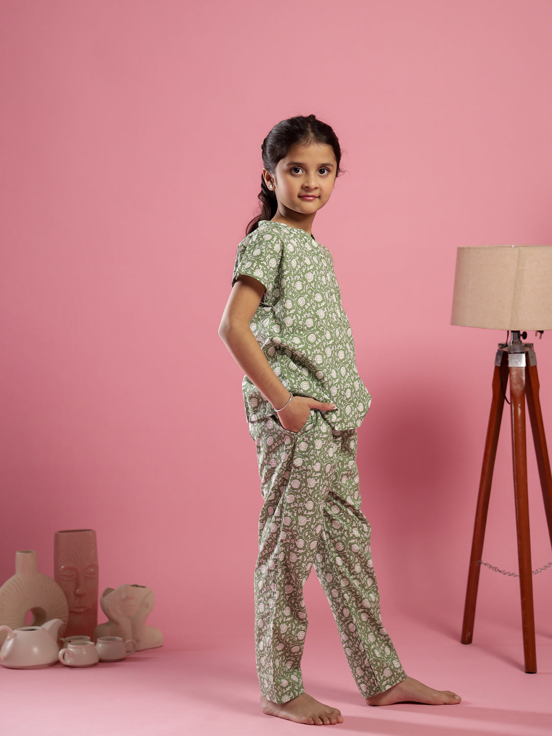 Green Floral Printed Round Neck Night Suit for Kids