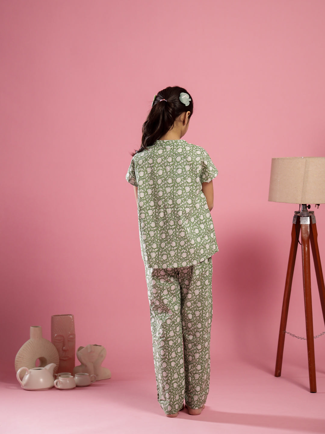 Green Floral Printed Round Neck Night Suit for Kids