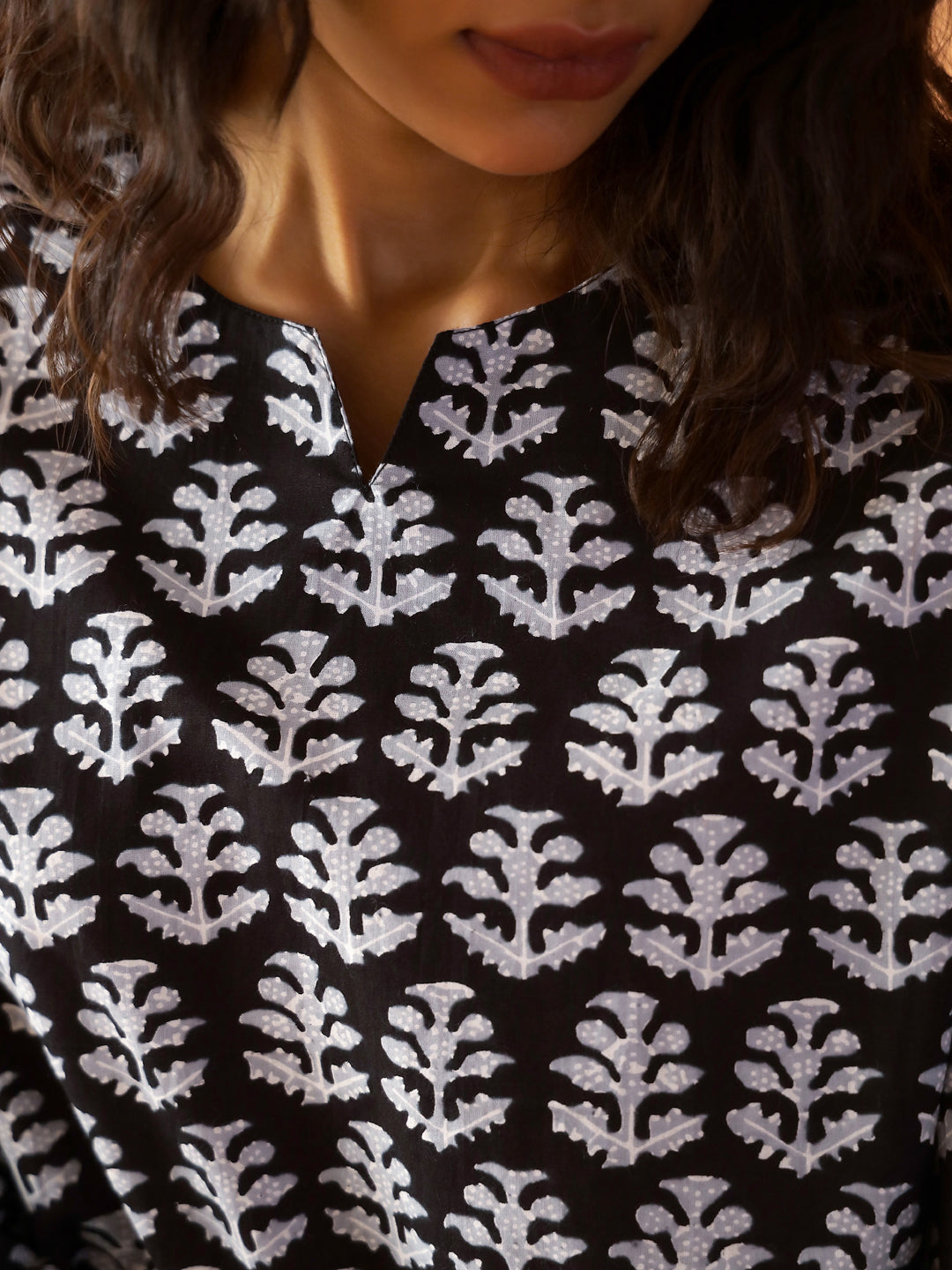 Black Round Neck Pure Cotton Printed Floral Night Suit For Women