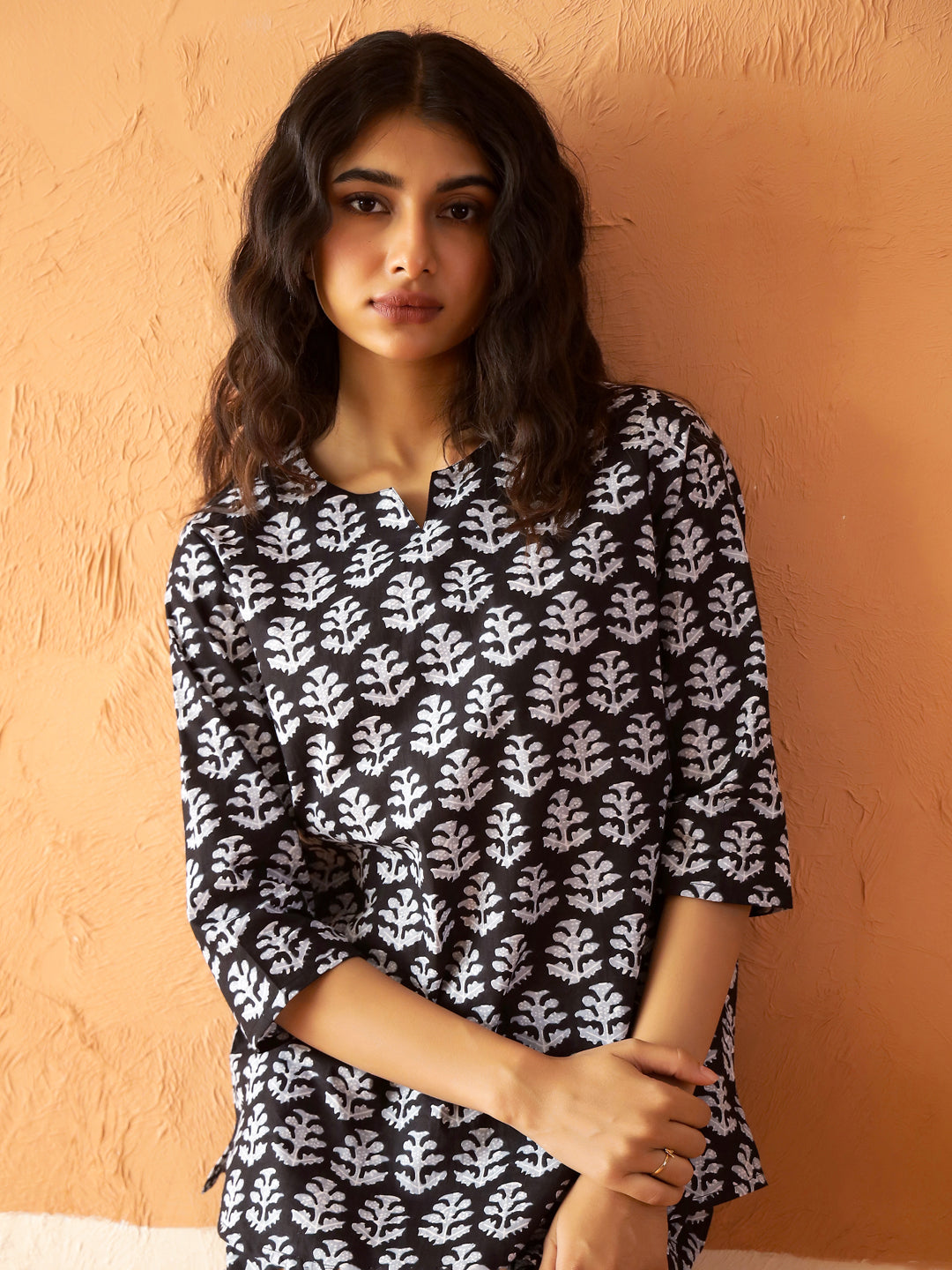 Black Round Neck Pure Cotton Printed Floral Night Suit For Women