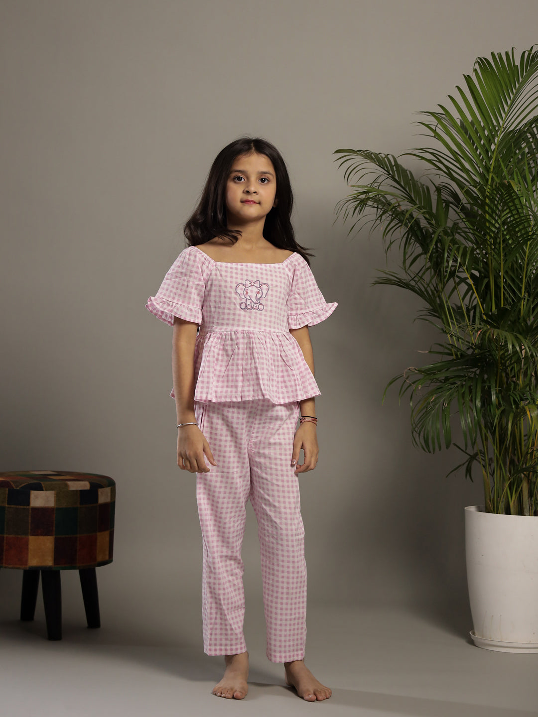 Pink Check Printed Round Neck Cotton Co-Ords Set
