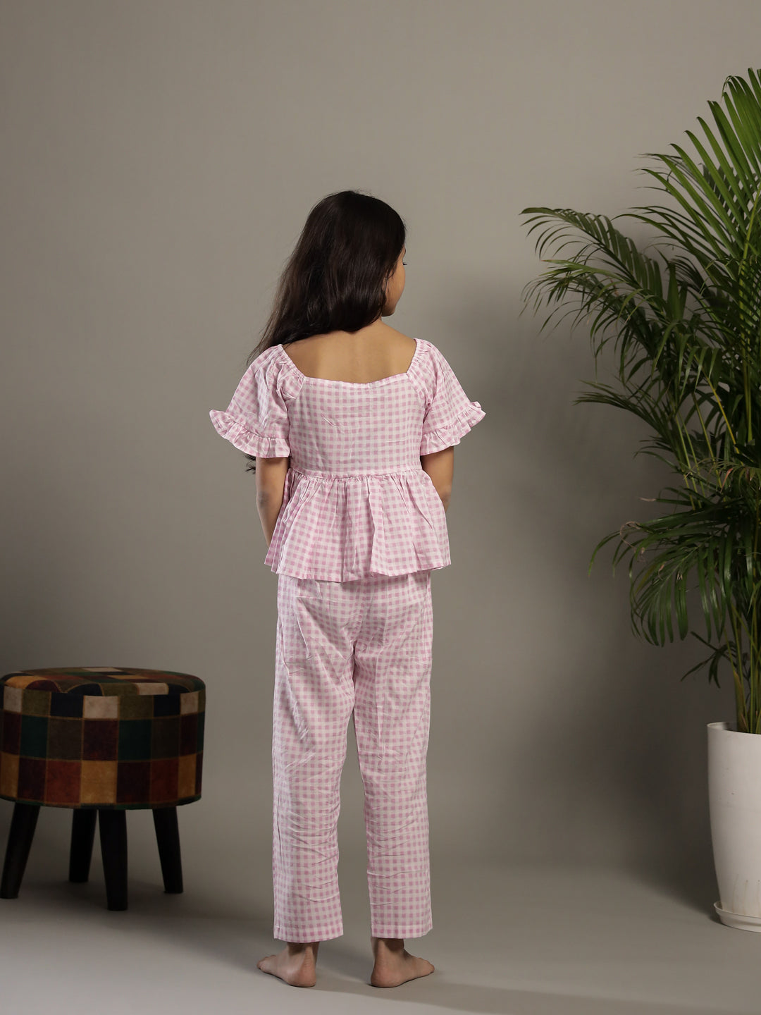 Pink Check Printed Round Neck Cotton Co-Ords Set