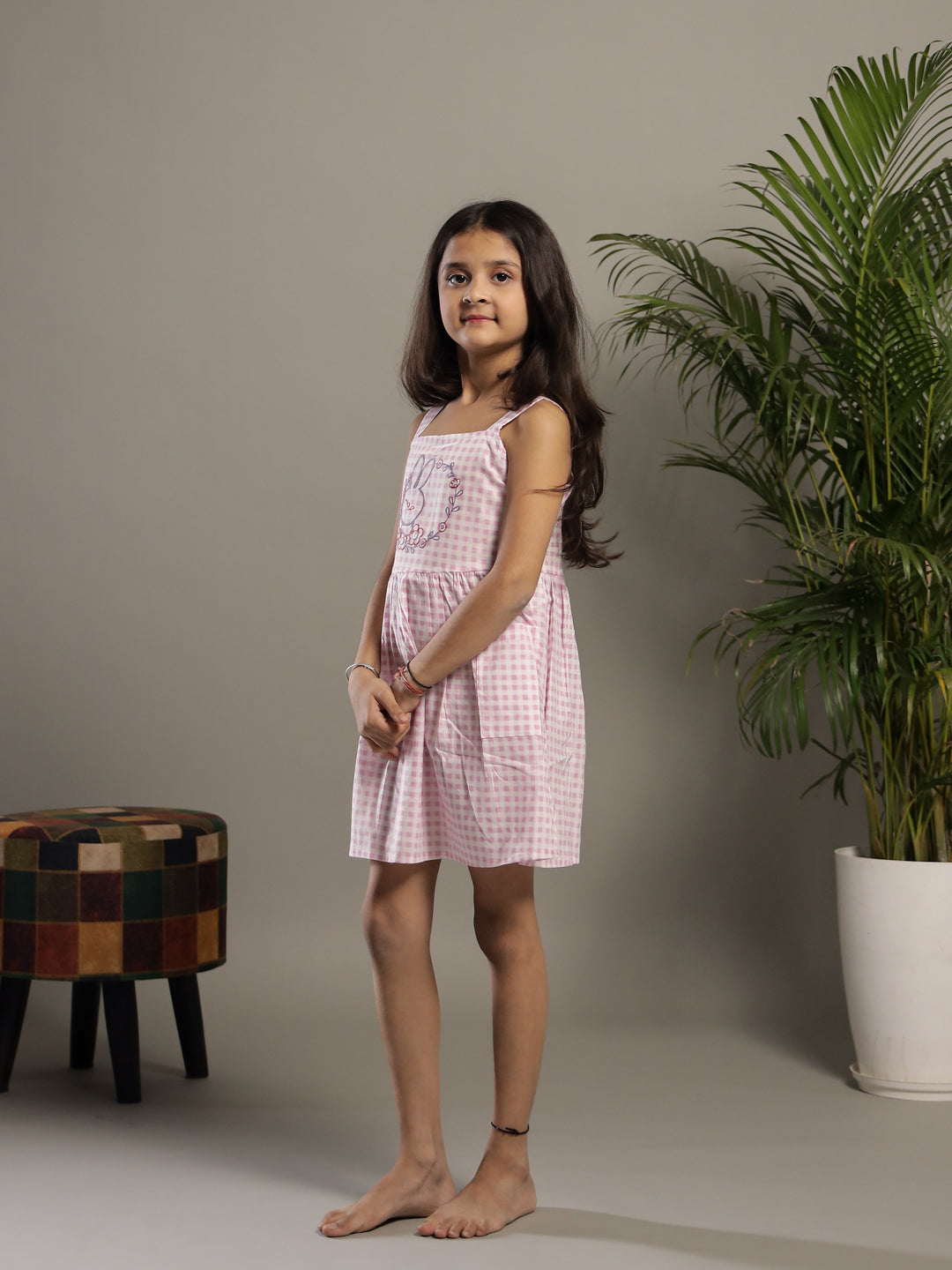 Lavender Color Check Design Dress For Kids