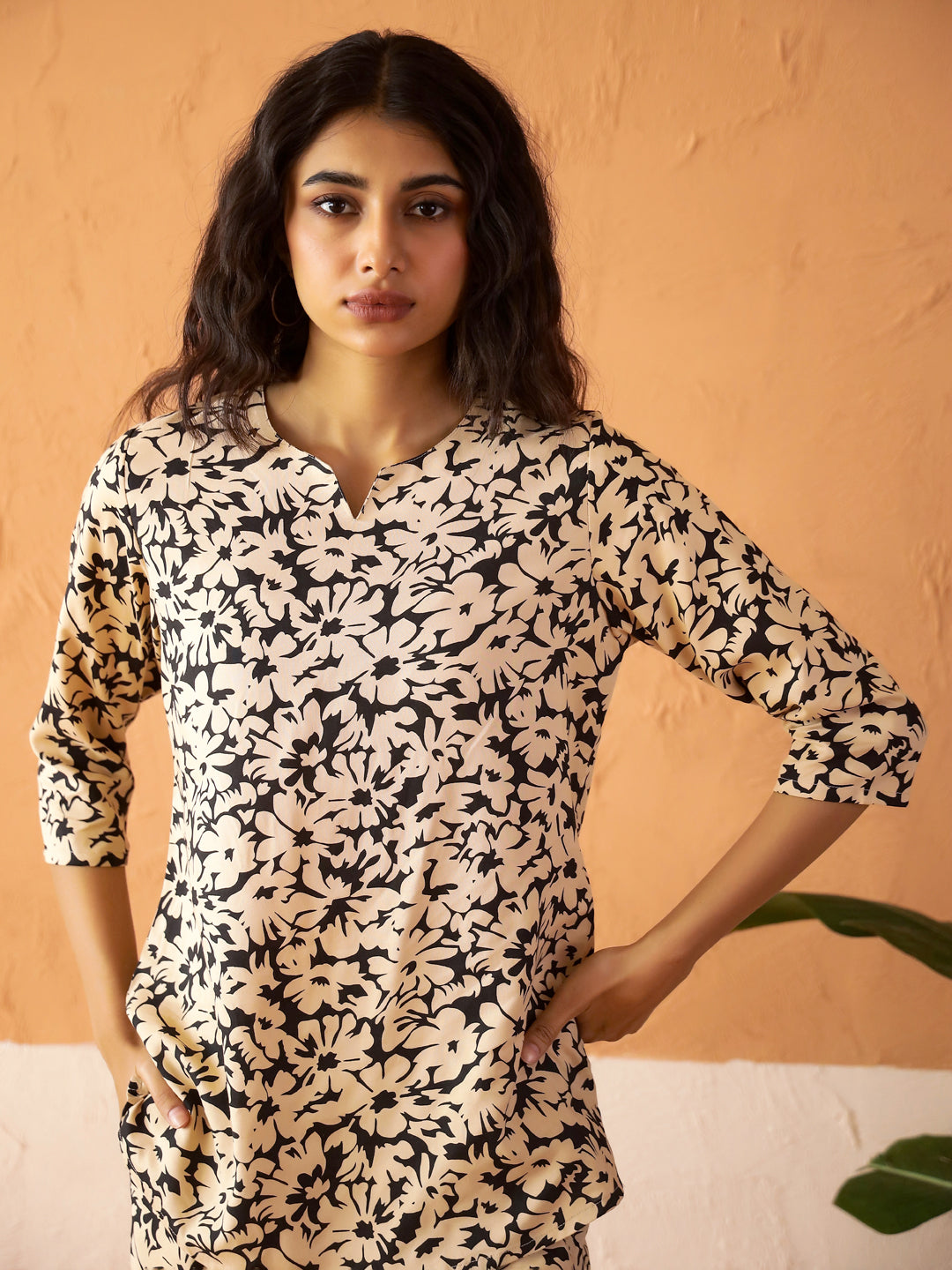 Beige Round Neck Viscose Rayon Printed Floral Night Suit For Women