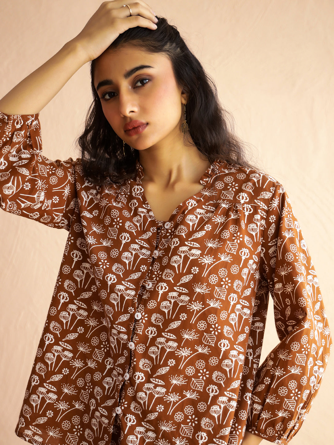 Brown V-Neck Pure Cotton Printed Floral Night Suit For Women