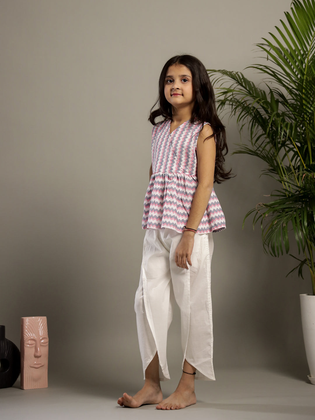 White Geometric Print V-Neck Co-ords Set for Kids