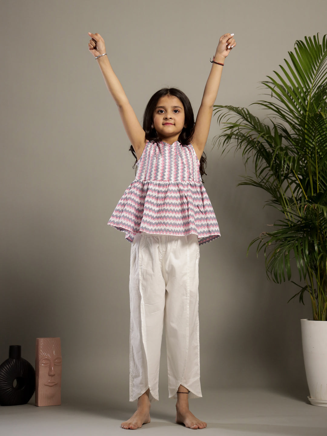 White Geometric Print V-Neck Co-ords Set for Kids