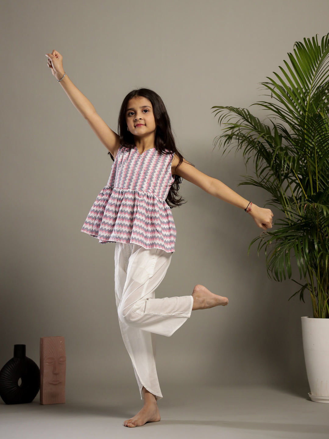 White Geometric Print V-Neck Co-ords Set for Kids