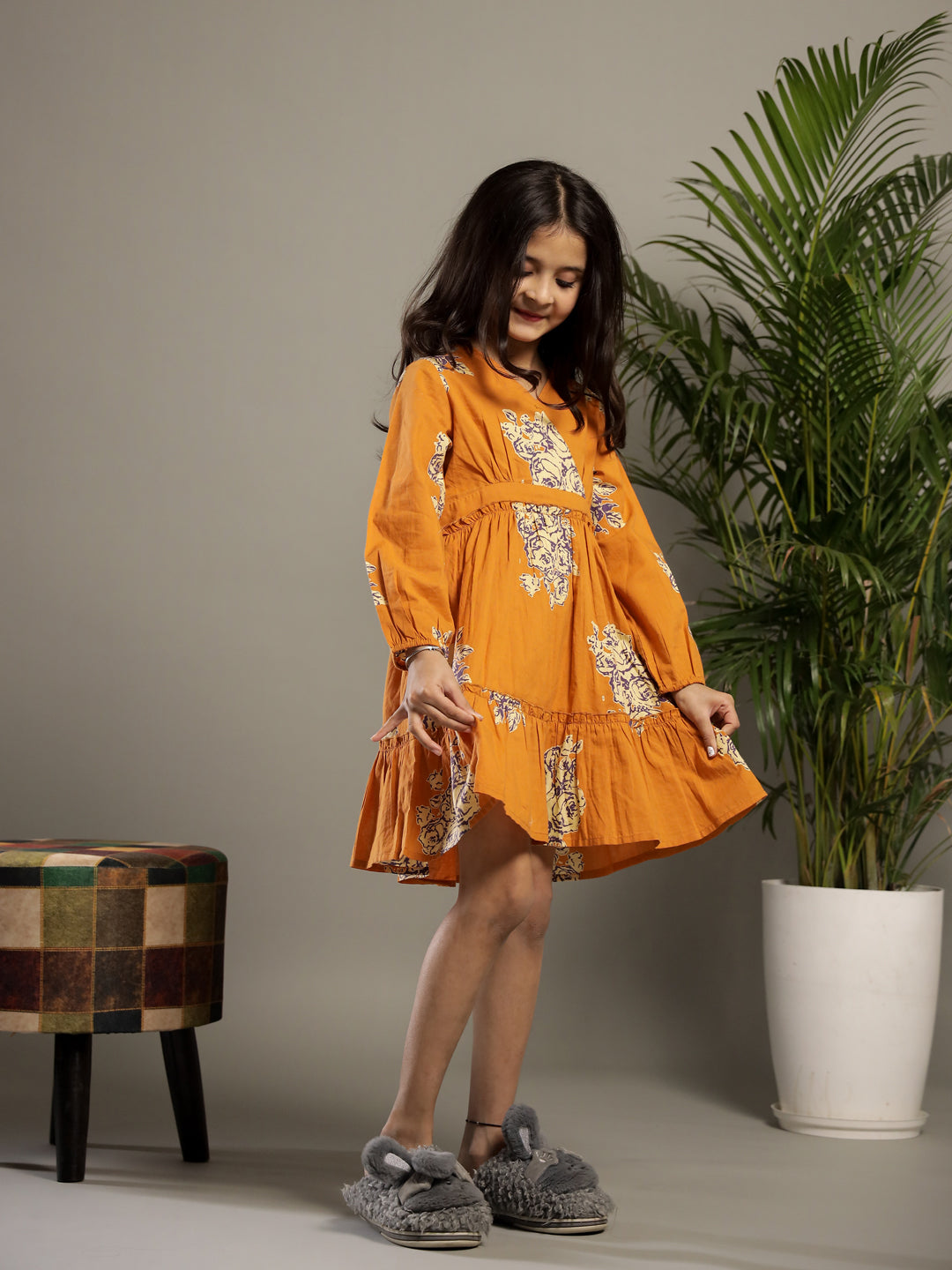 Orange V-Neck Printed Cotton Dress for Kids