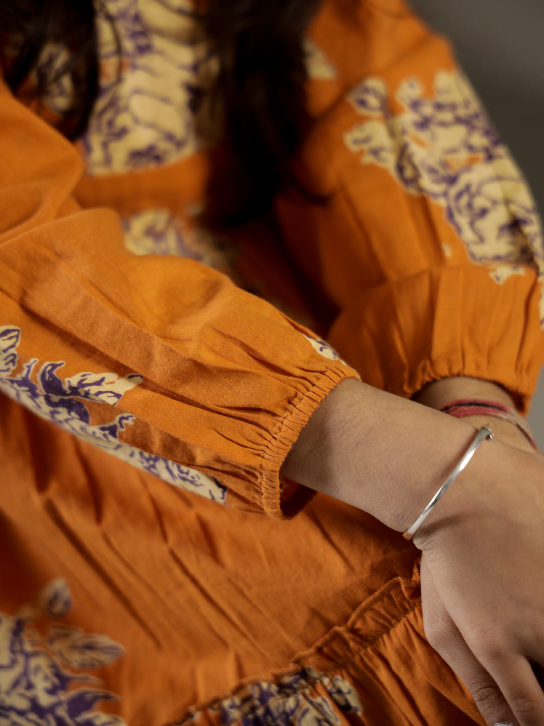 Orange V-Neck Printed Cotton Dress for Kids - SanskrutiHomes