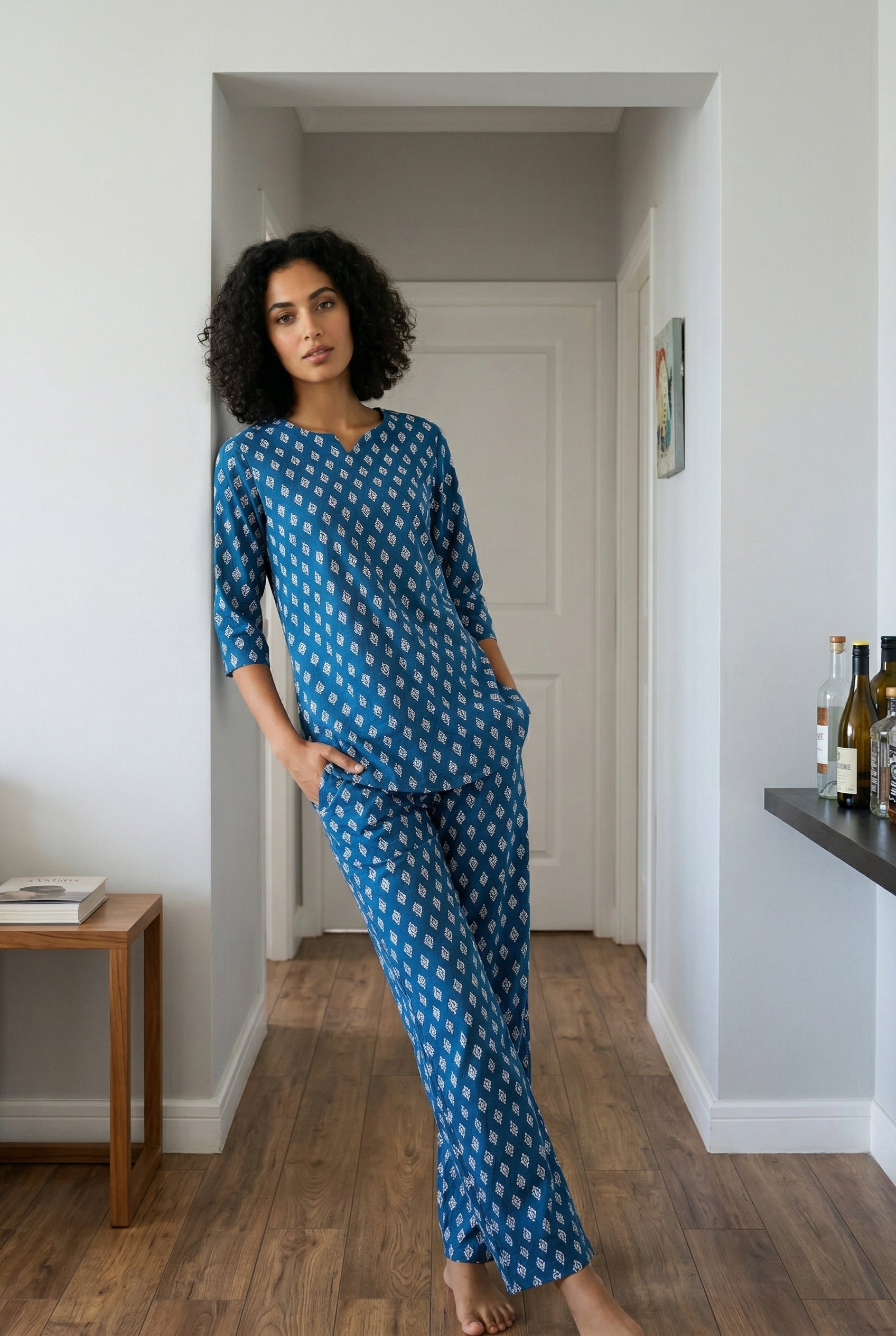 Blue Round Neck Motif Print Pure Cotton Night Suit For Women