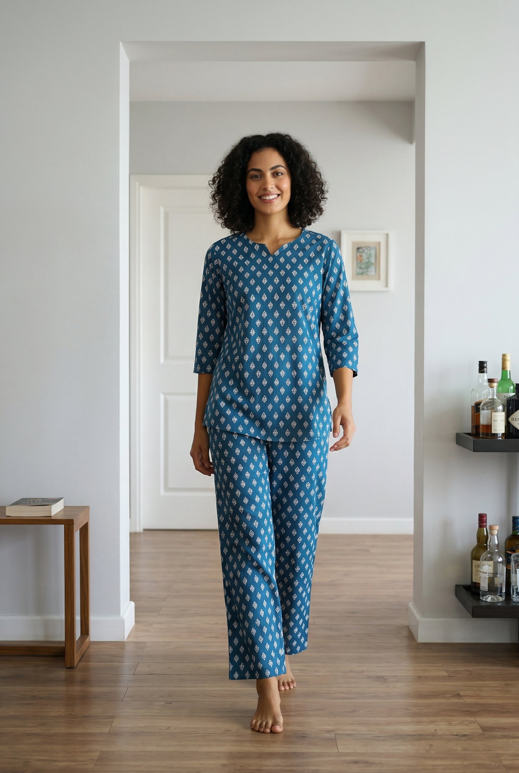 Blue Round Neck Motif Print Pure Cotton Night Suit For Women